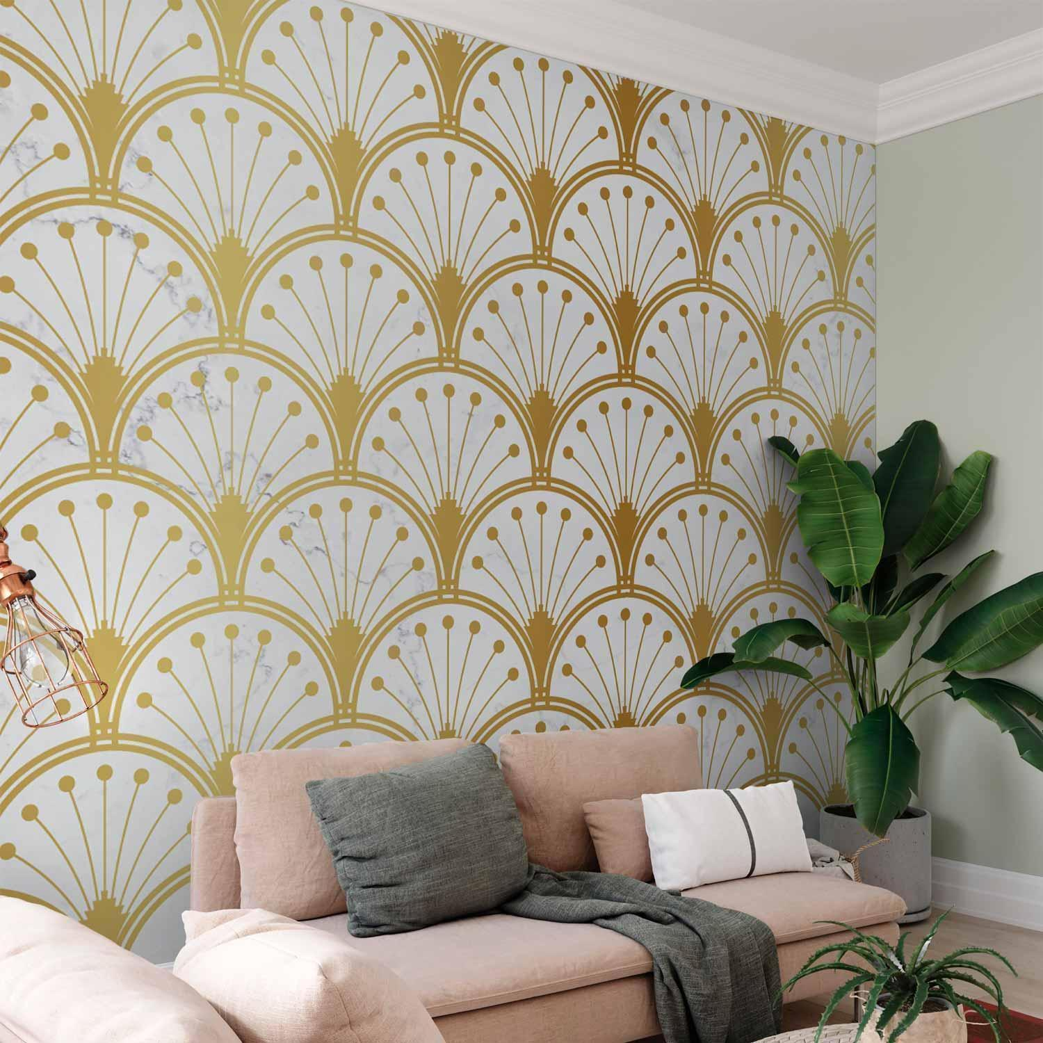 Gold and Marble Wall Mural Wallpaper – Art Deco Pattern with 3D Dimensional Depth