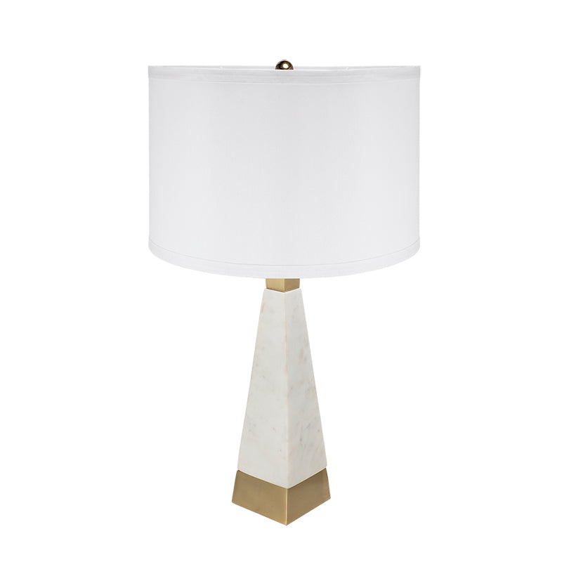White Marble Pyramid Table Lamp with Gold Trim & Drum Shade – 26"