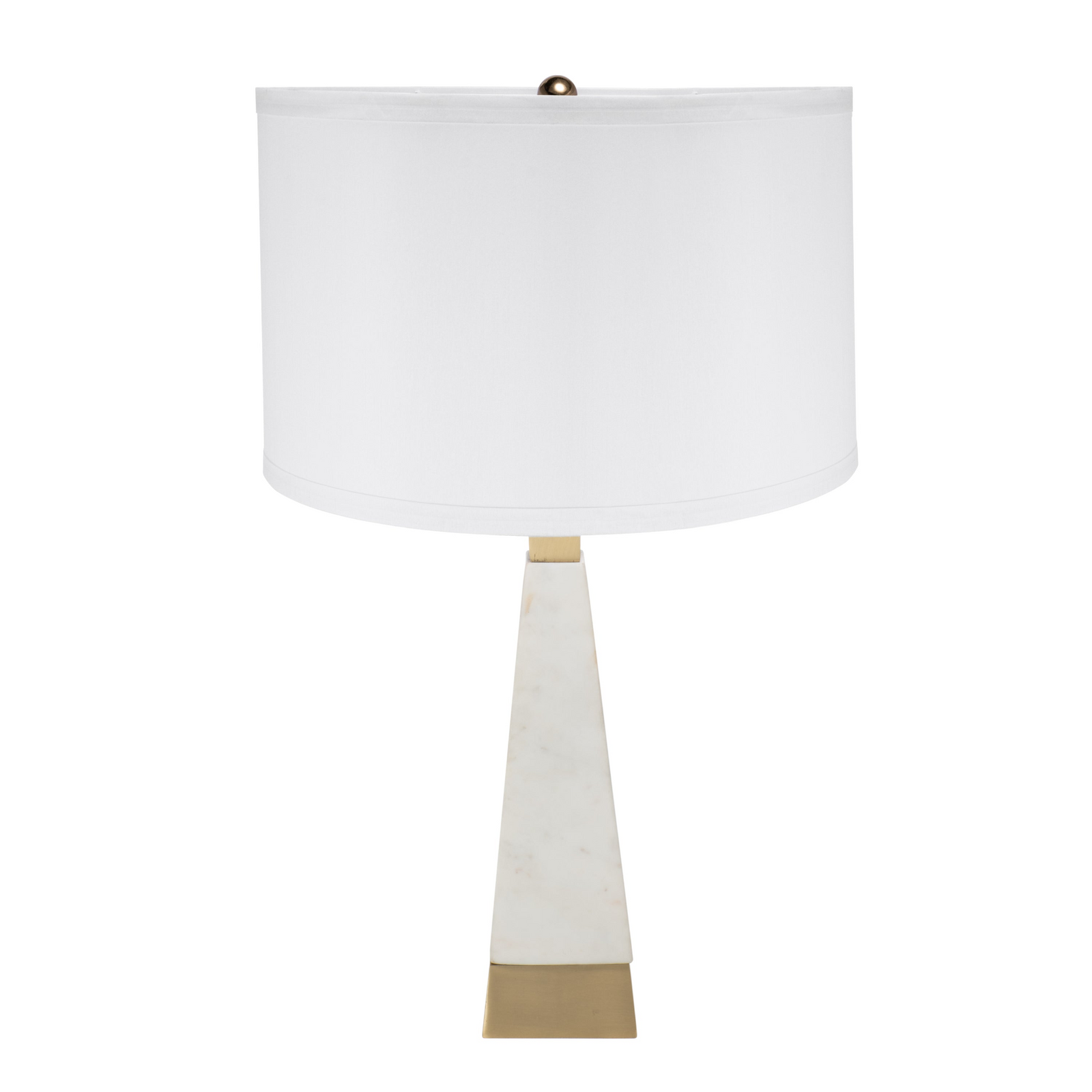 White Marble Pyramid Table Lamp with Gold Trim & Drum Shade – 26"