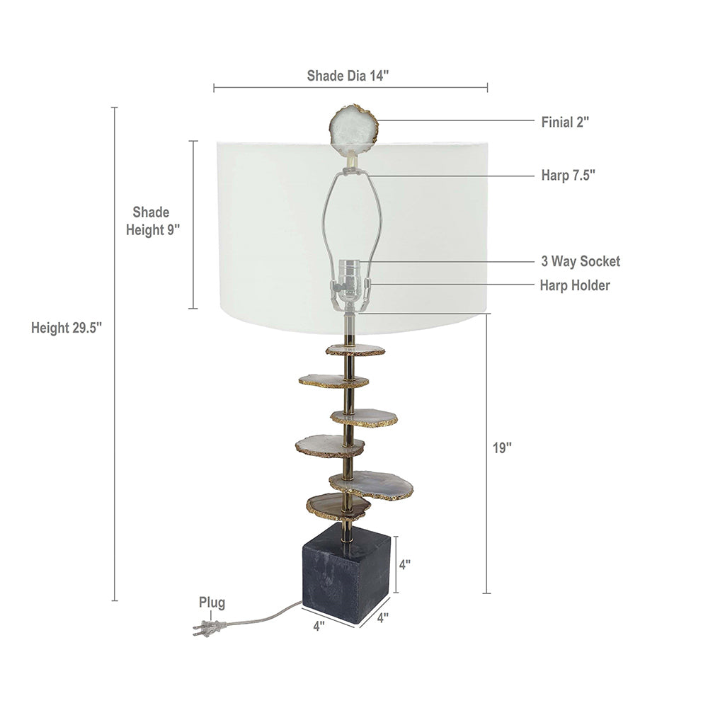 Smoke Agate-Slice Table Lamp with Marble Base – 29.5" White Drum Shade
