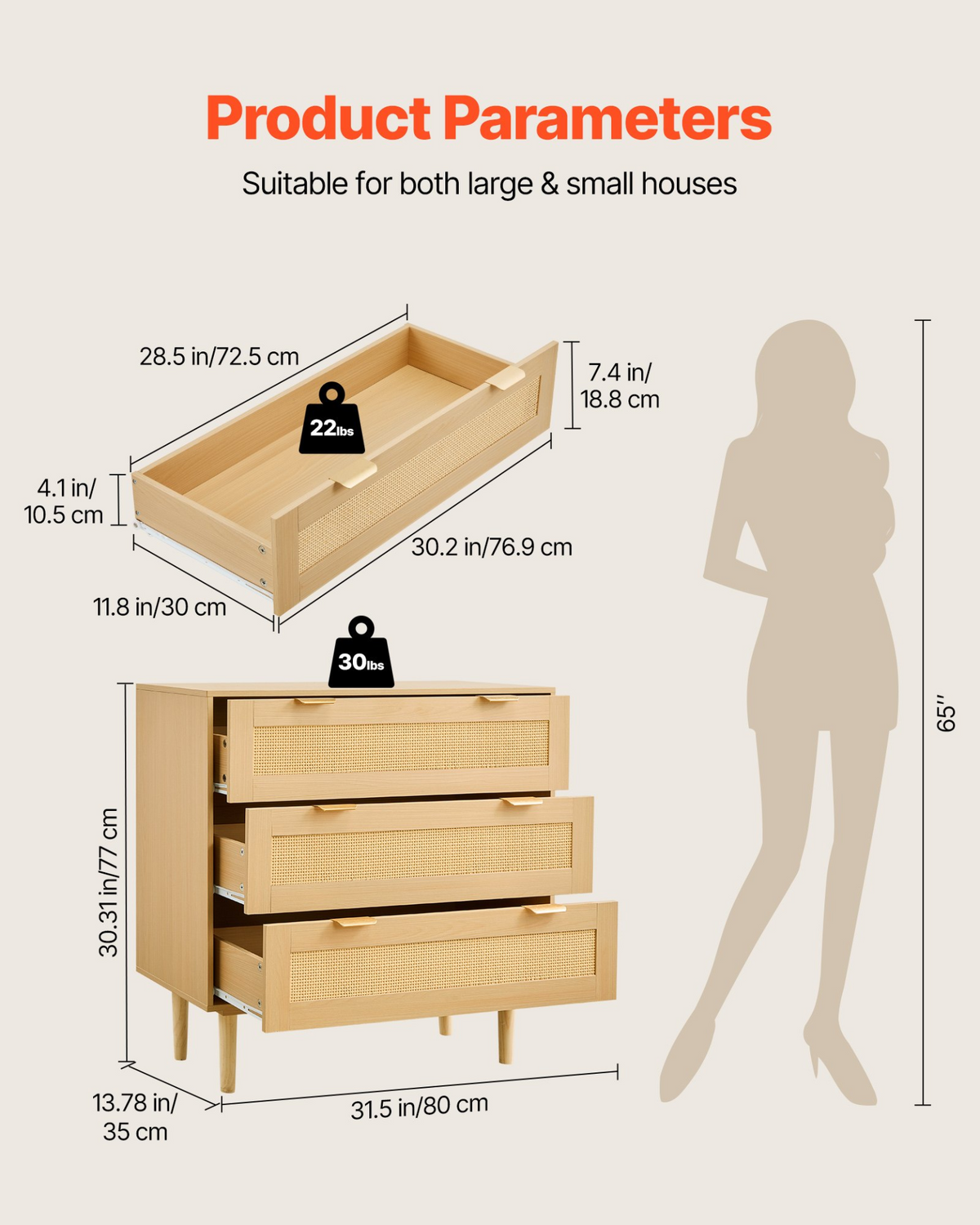 VEVOR 3 Drawer Rattan Dresser, Modern Closet Dresser for Bedroom, Natural Rattan Chest of Drawers with Metal Handles & Wooden Legs, Chest Clothing Organizer & Storage for Bedroom, Living Room, Hallway
