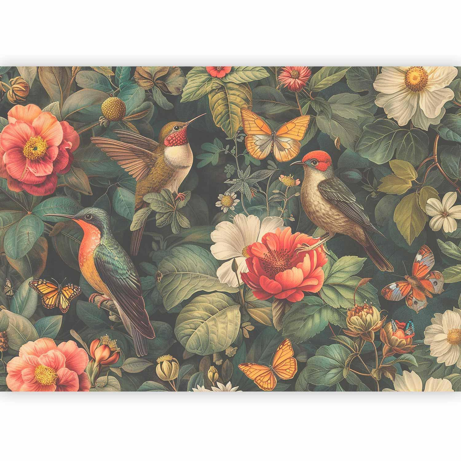Flowers, Birds and Butterflies Wall Mural Wallpaper – Vintage Illustration with 3D Visual Depth