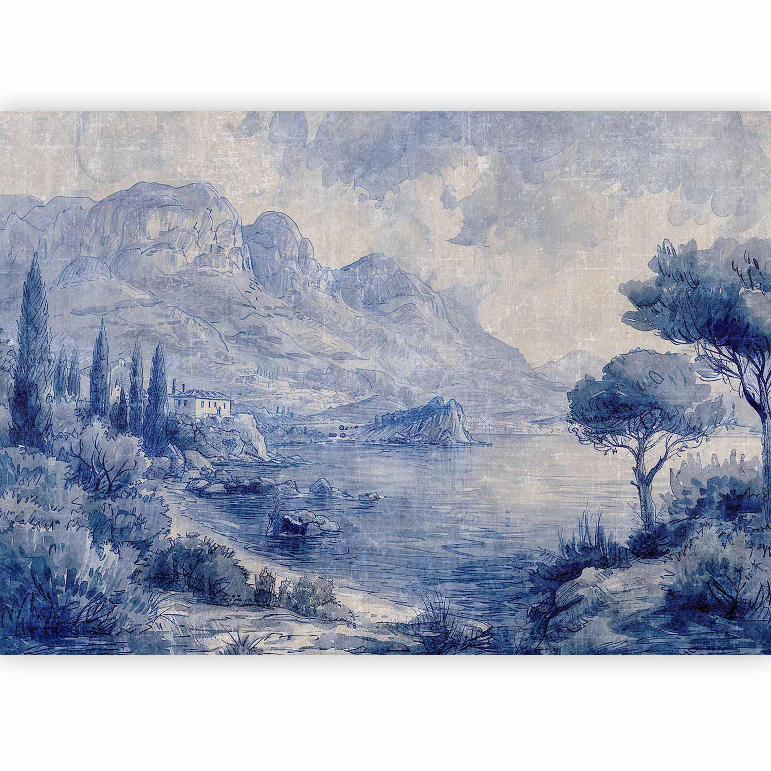Blue Bay Lake Como Wall Mural – Italian Landscape in Blue Ink with 3D Effect and UV Protection