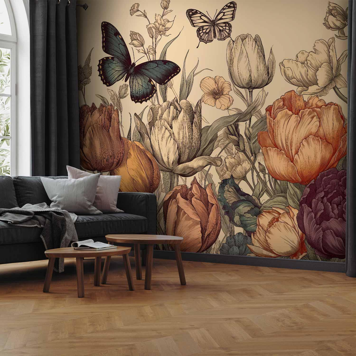Tulip Floral Wall Mural Wallpaper – Colourful Blooms on Cream with 3D Effect Illusion