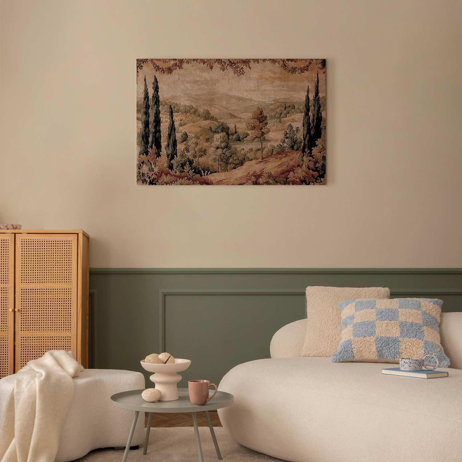 Quadro - Mediterranean landscape - old tapestry with a hill and a lake