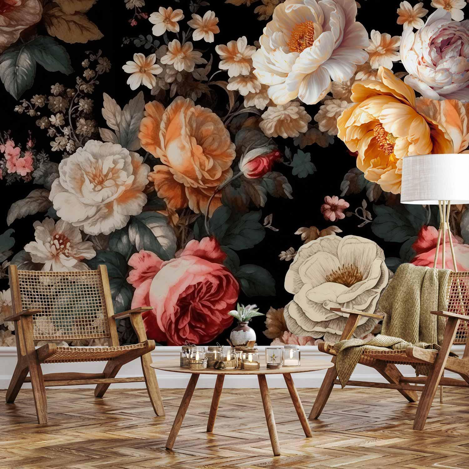 Colourful Floral Wall Mural Wallpaper – Vibrant Flowers on Black Background with 3D Effect Illusion