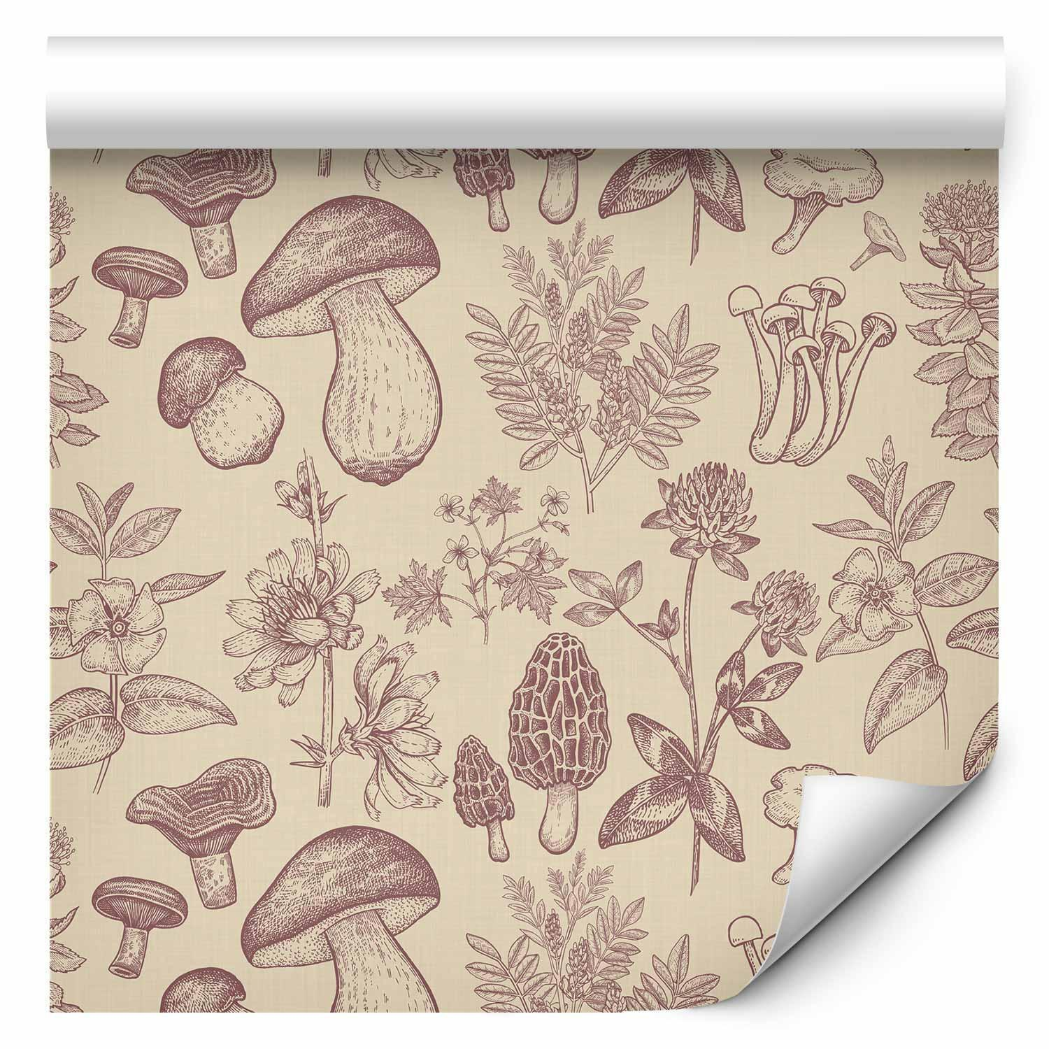 Premium Fade-Resistant Mushroom and Herb Wallpaper