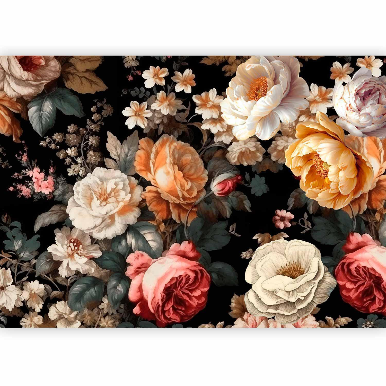 Colourful Floral Wall Mural Wallpaper – Vibrant Flowers on Black Background with 3D Effect Illusion