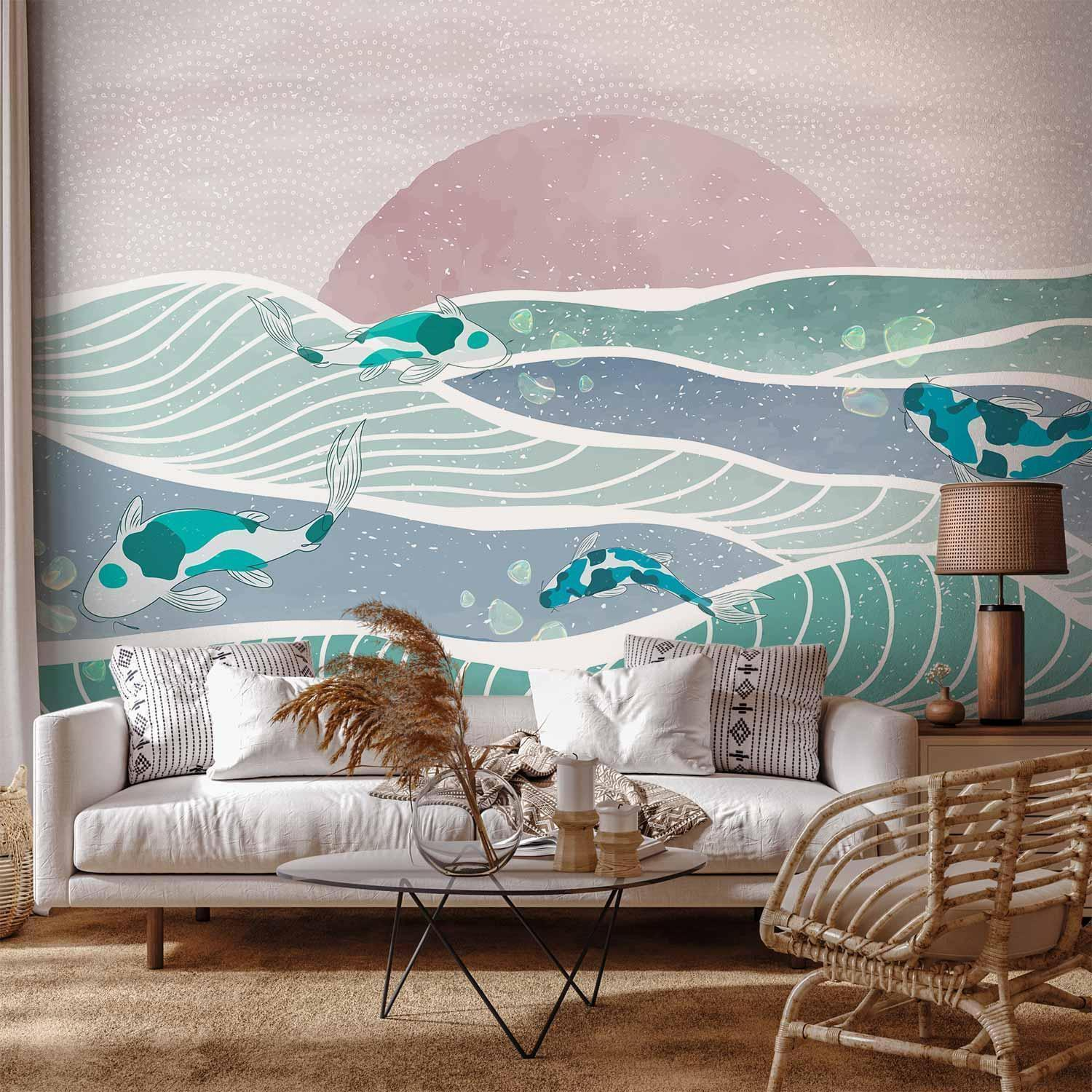 Fish on the Waves Wall Mural with 3D Effect and 600 dpi Print