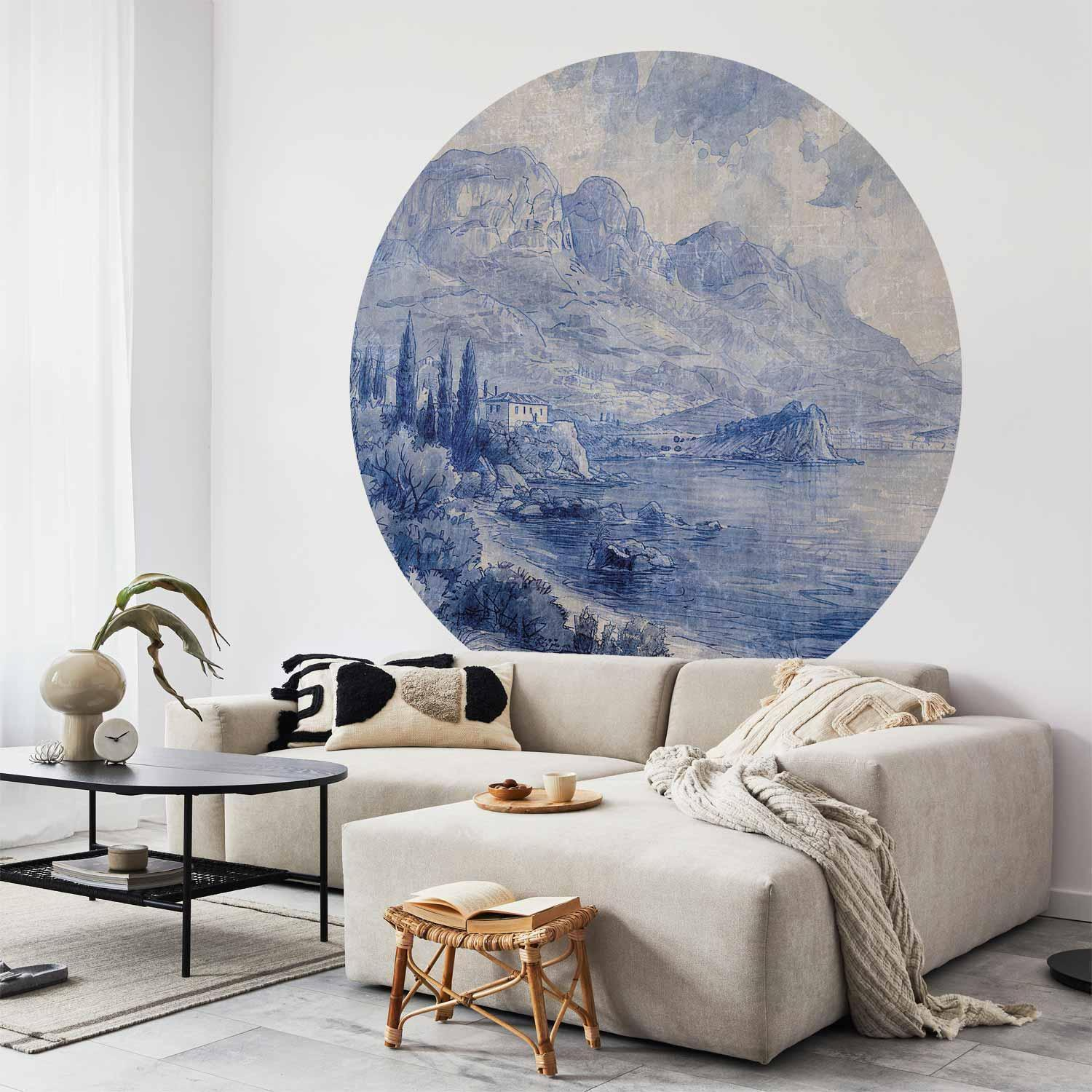 Round Blue Bay Wall Mural – Lake Como Landscape in Blue Ink, Self-Adhesive Wall Décor