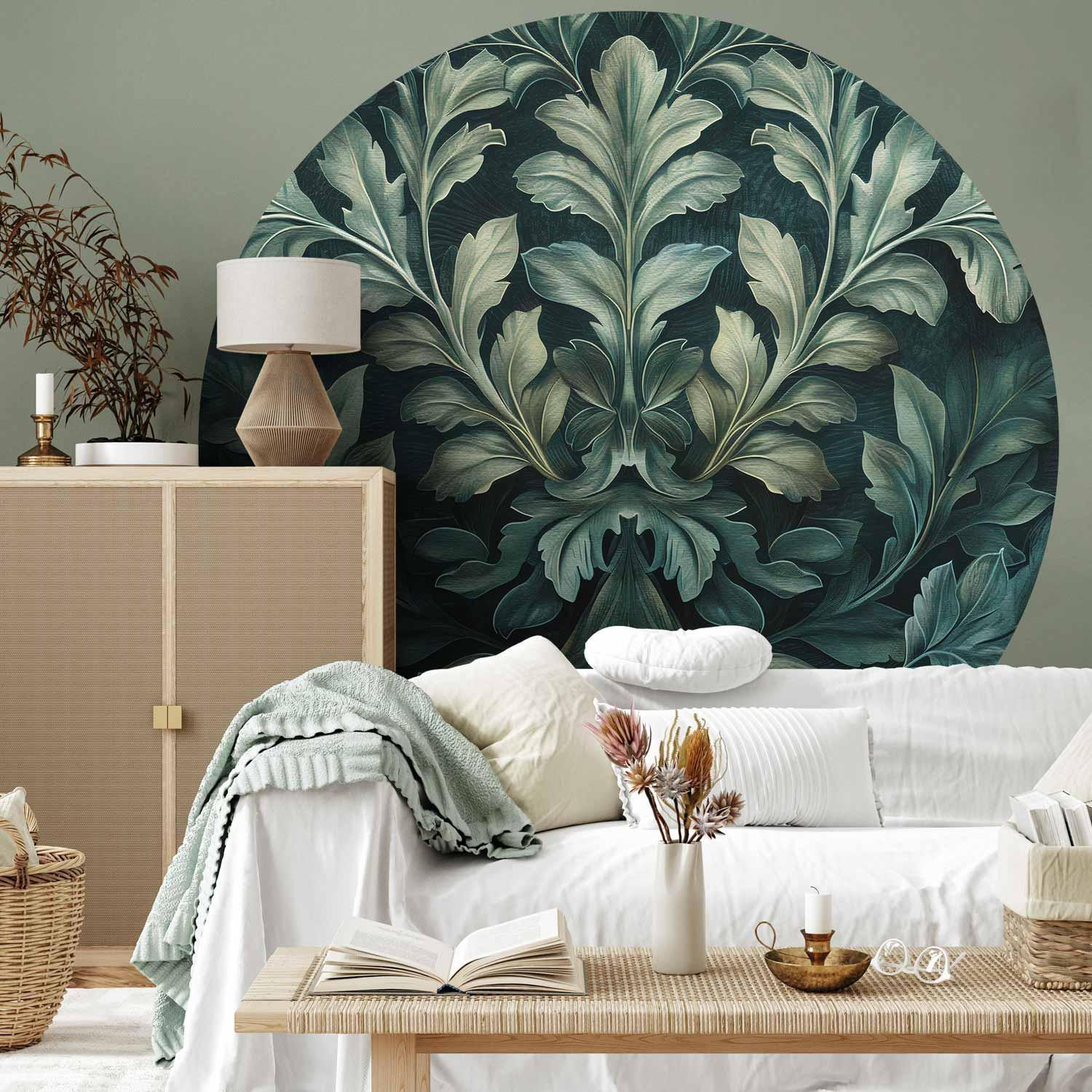 Victorian Leaf Round Wall Mural – Deep Green Botanical Design in Circular Format