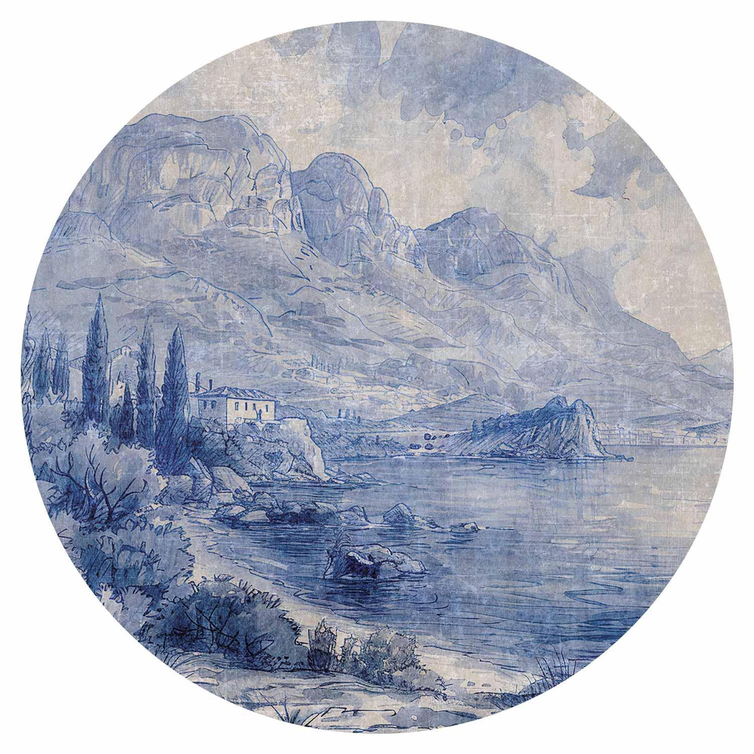 Round Blue Bay Wall Mural – Lake Como Landscape in Blue Ink, Self-Adhesive Wall Décor