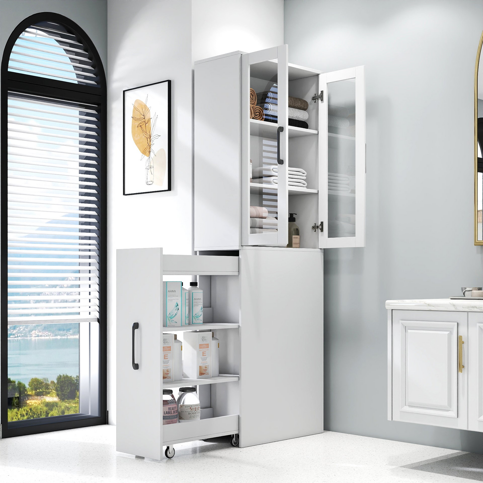 70.87' H Display Storage  Cabinet , 4 Tier multi-functional pull-out multi-tier storage shelf & 2 Glass Doors, Modern Wooden  Kitchen Pantry Cabinet for Living Room or Kitchen and Dinning Room