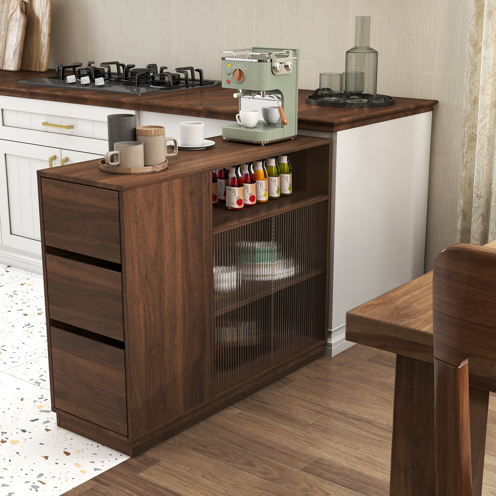 Kitchen Sideboard, Small  Countertop Organizer, Tabletop Cabinet with 2 Glass Sliding Door,3 Side Drawers & 1 small display shelves, Counter Cabinet for Kitchen, Living Room, Dinning Area