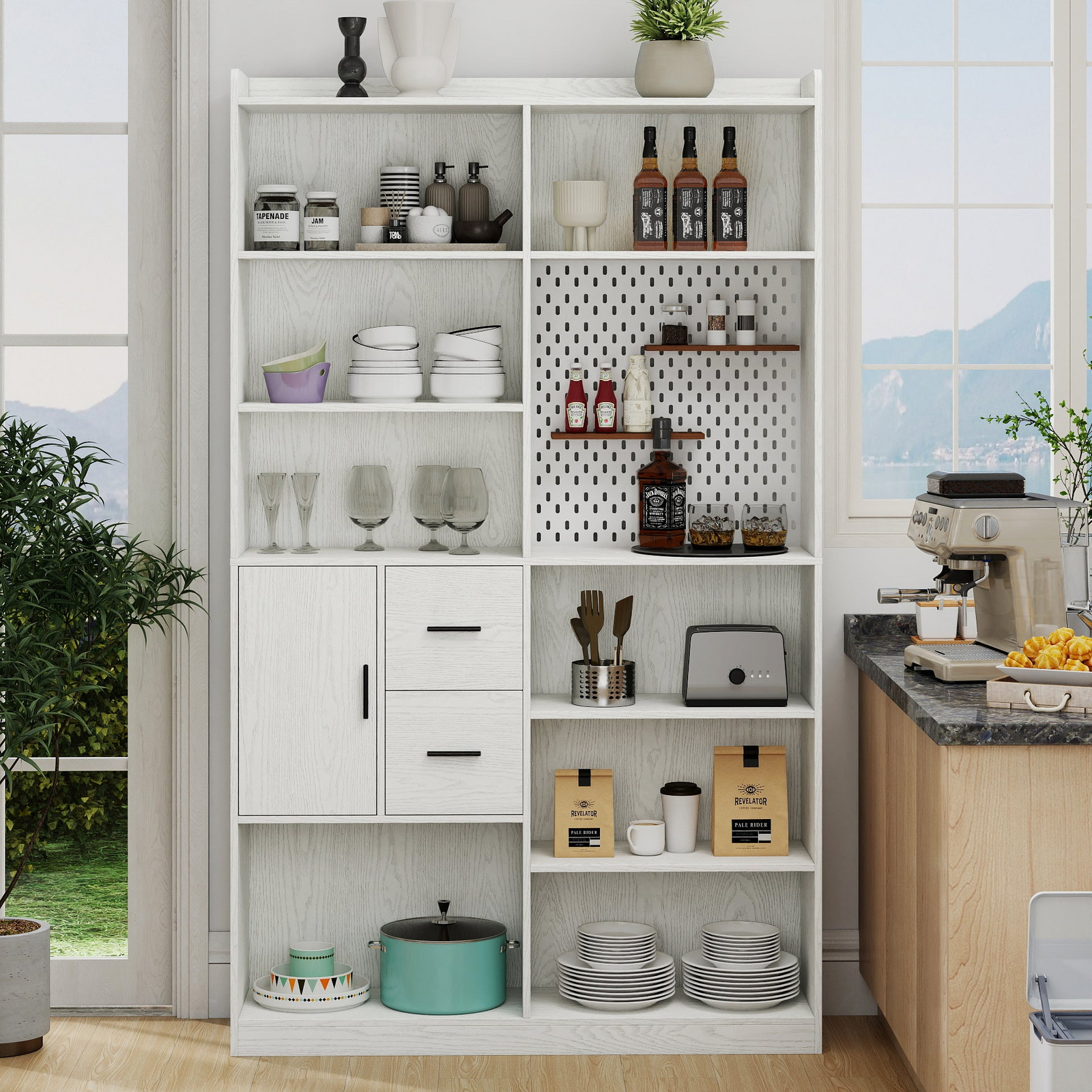 Bookshelf and Bookcase with Pegboard and Drawer or Kitchen Pantry Cabinet , 9 Cubby Display Book Shelves, Modern Wide Wood Shelving Unit for Living Room or Kitchen and Dinning Room,White