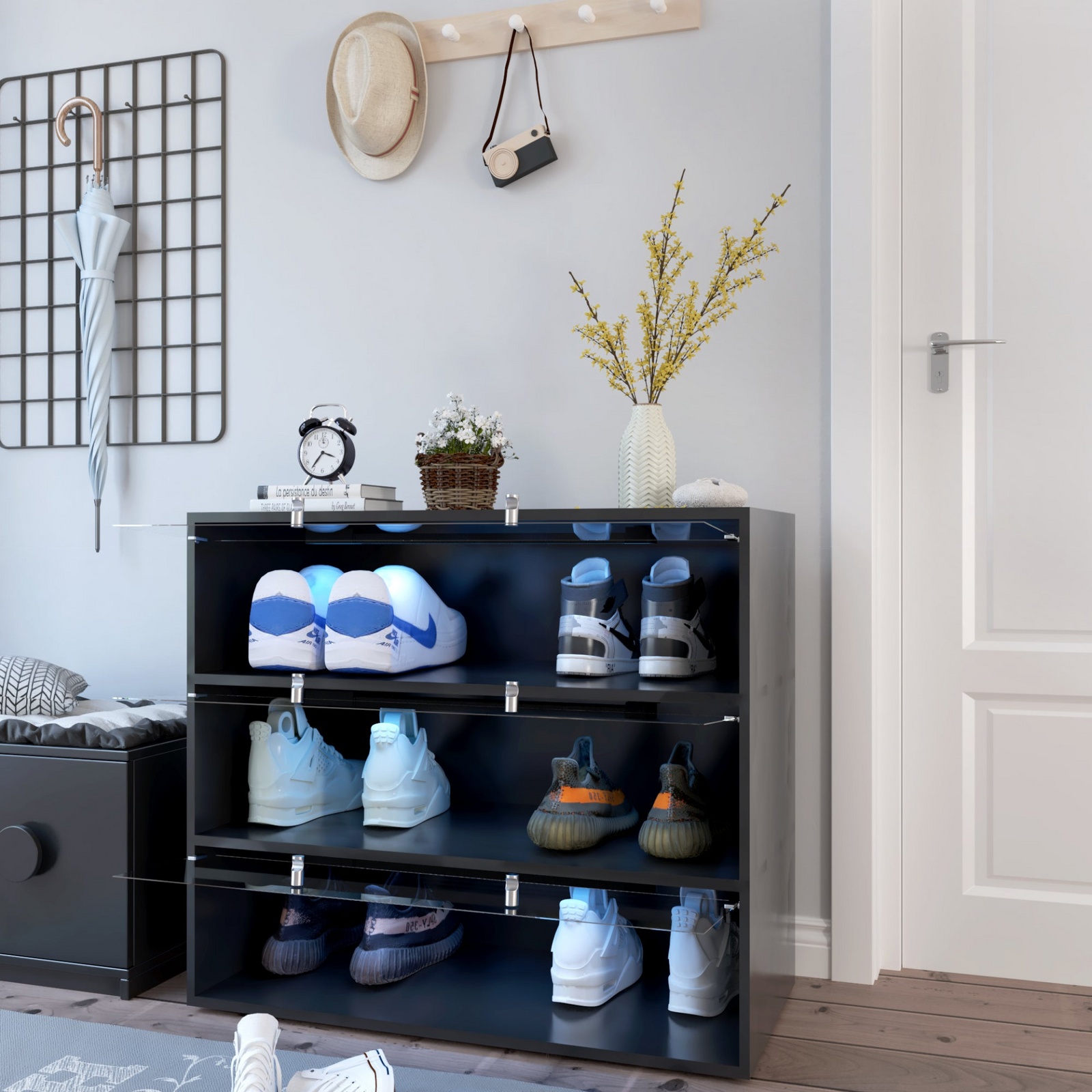 Black Glass Door Shoe Box Shoe Storage Cabinet  With RGB Led Light