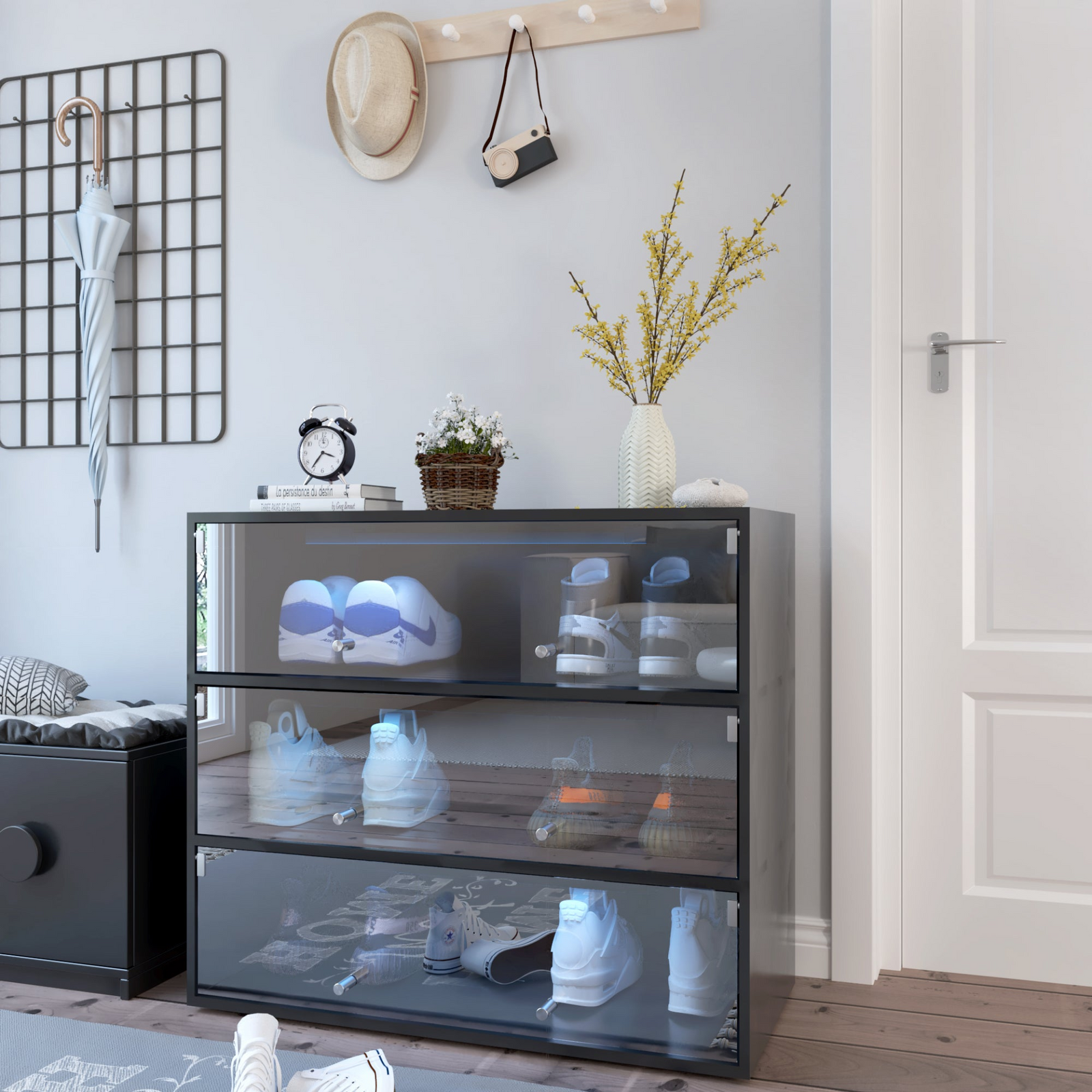 Black Glass Door Shoe Box Shoe Storage Cabinet  With RGB Led Light