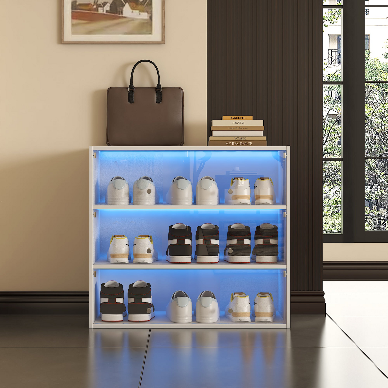 White Glass Door Shoe Storage Cabinet with RGB LED Lights, Stackable Display Shoe Box