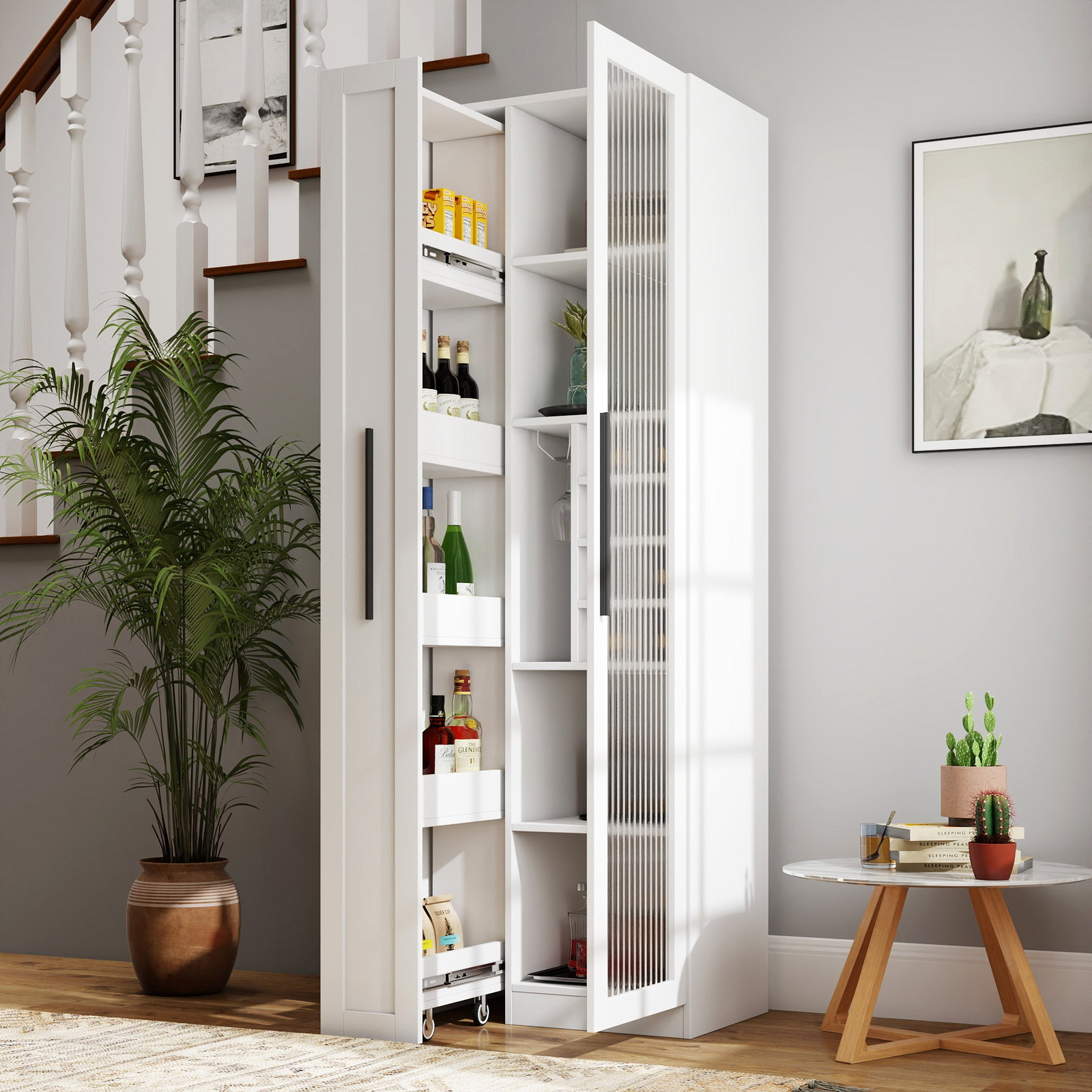 Kitchen pantry cabinet with multi-functional pull-out multi-tier storage shelf,Farmhouse Storage Cabinet with glass Doors,Pantry Organizers for Kitchen, bar cabinet,Dining Room