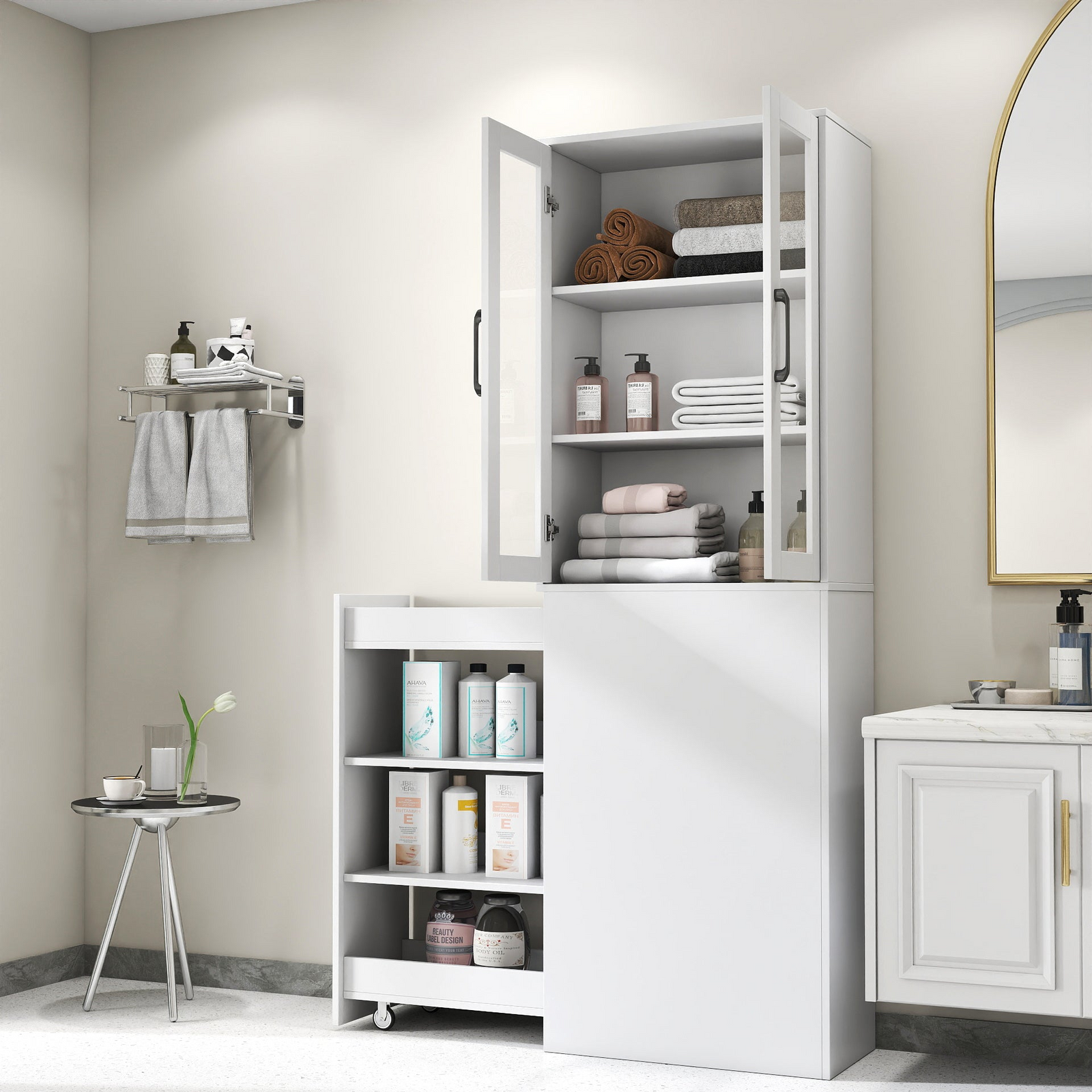 70.87' H Display Storage  Cabinet , 4 Tier multi-functional pull-out multi-tier storage shelf & 2 Glass Doors, Modern Wooden  Kitchen Pantry Cabinet for Living Room or Kitchen and Dinning Room