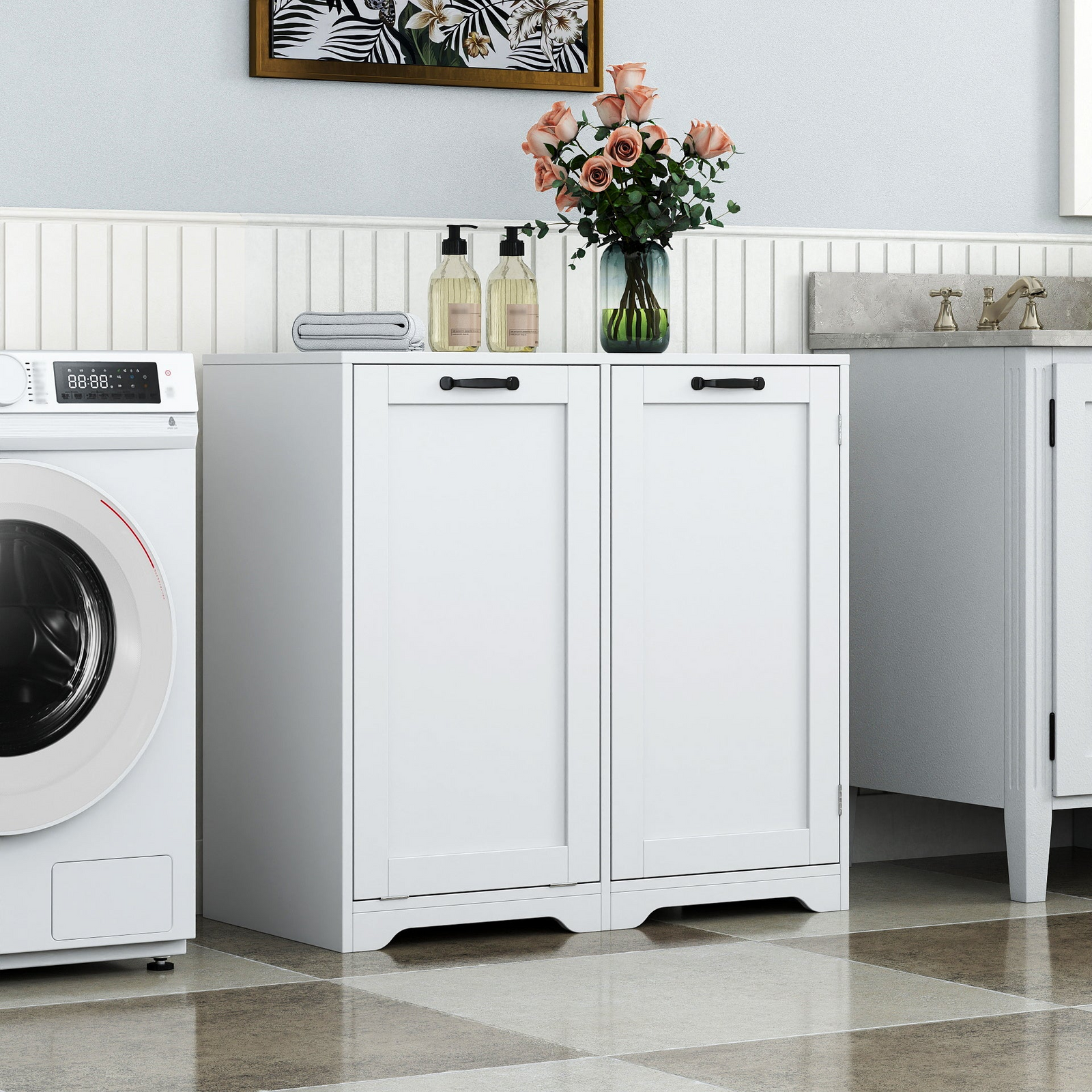 Laundry Cabinet with Doors and shelf, Tilt-Out Laundry Hamper, Freestanding Style,  Adjustable Shelf, White