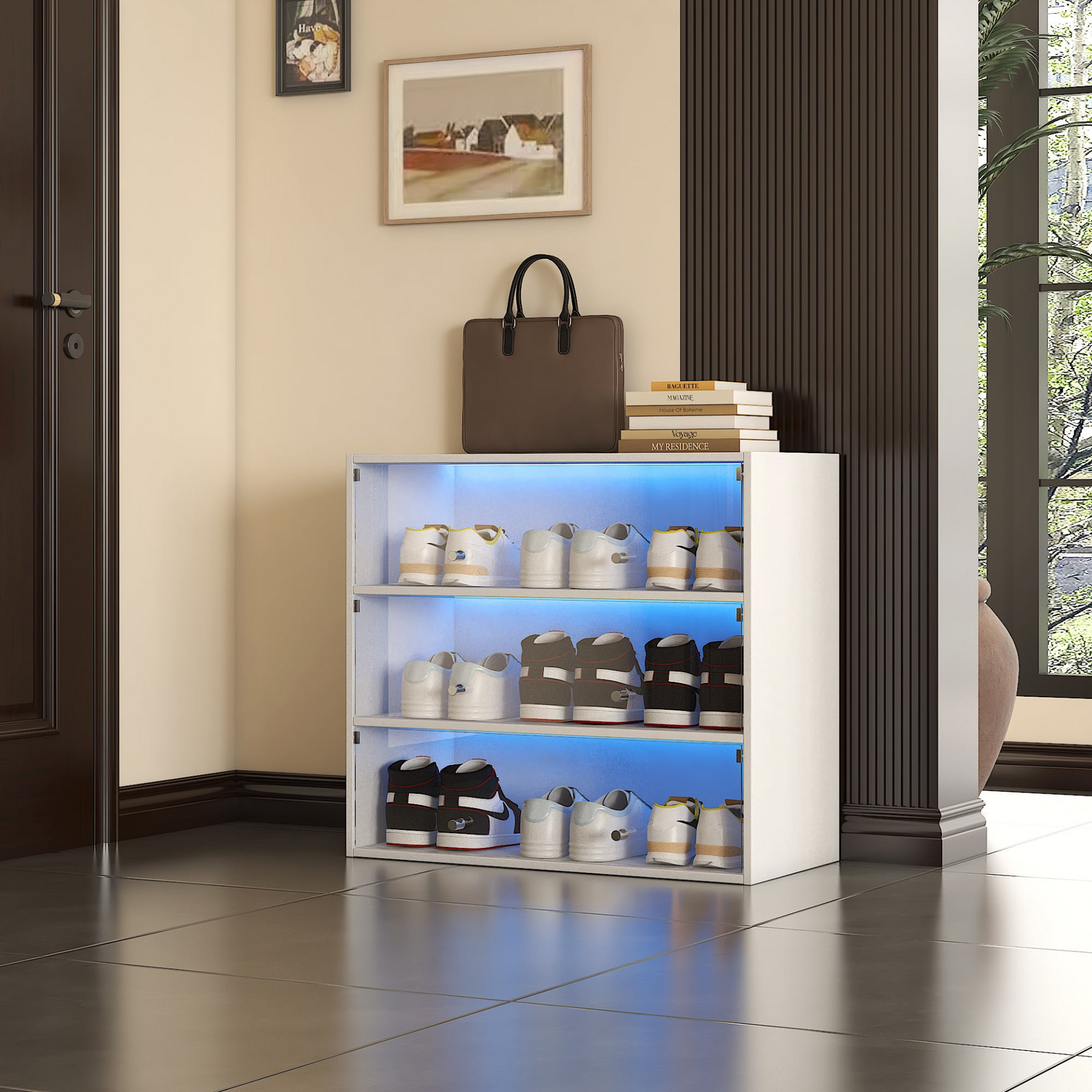 White Glass Door Shoe Storage Cabinet with RGB LED Lights, Stackable Display Shoe Box