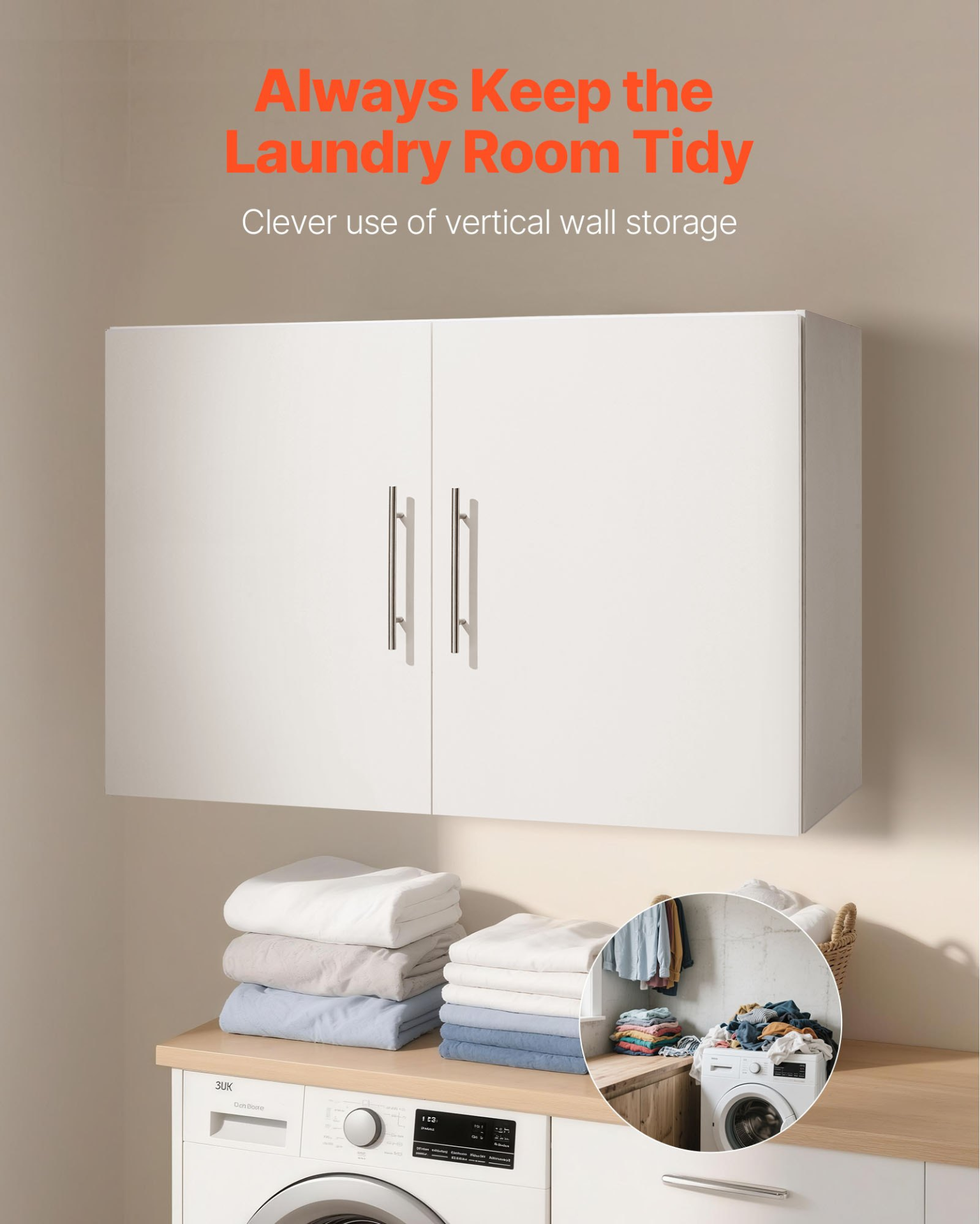 VEVOR Laundry Room Wall Cabinet, 2-Tier Wall Mounted Hanging Cabinet with Adjustable Shelf, 36 in Cupboard Storage with 2 Doors, for Kitchen, Bathroom, Laundry, 16 x 36 x 24 in (D x W x H), White