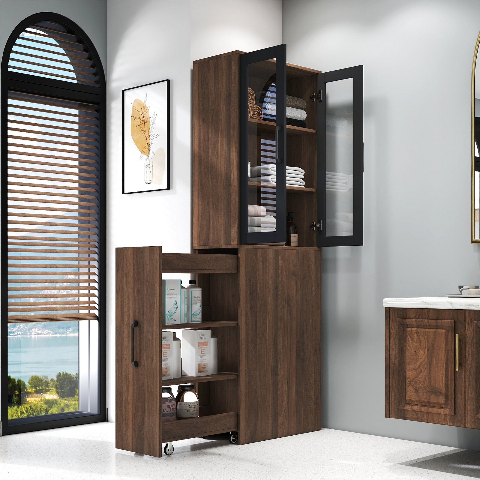 70.87' H Display Storage  Cabinet , 4 Tier multi-functional pull-out multi-tier storage shelf & 2 Glass Doors, Modern Wooden  Kitchen Pantry Cabinet for Living Room or Kitchen and Dinning Room