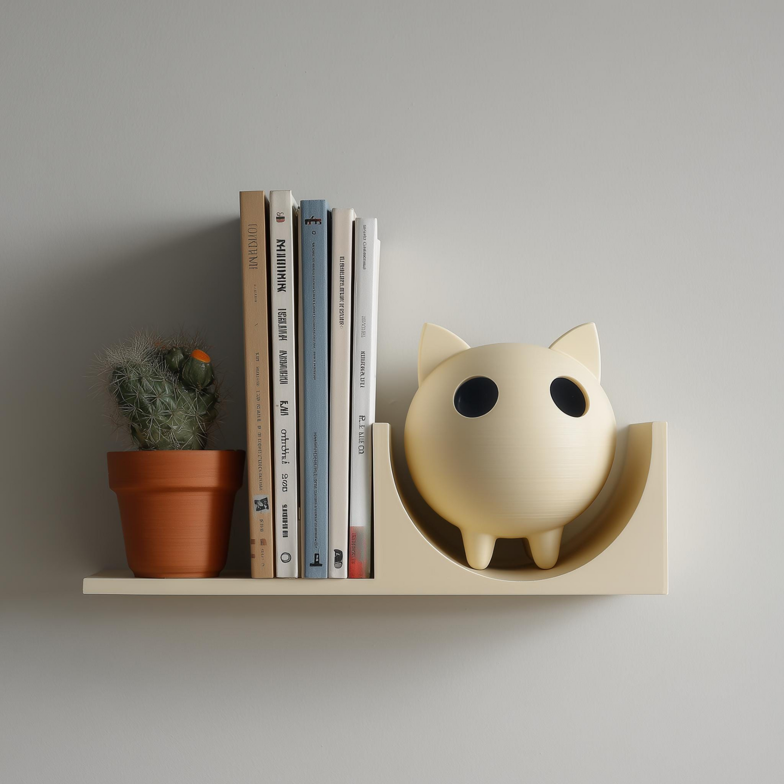 3D Printed Cat Bookend Wall Shelf | Minimal Round Kitty Floating Ledge | Cute Modern Wall Decor Accent for Books Plants and Home Interiors