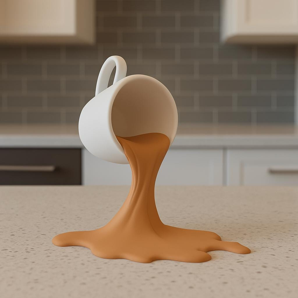 Spilled Coffee Cup Sculpture – 3D Printed Espresso Illusion Decor