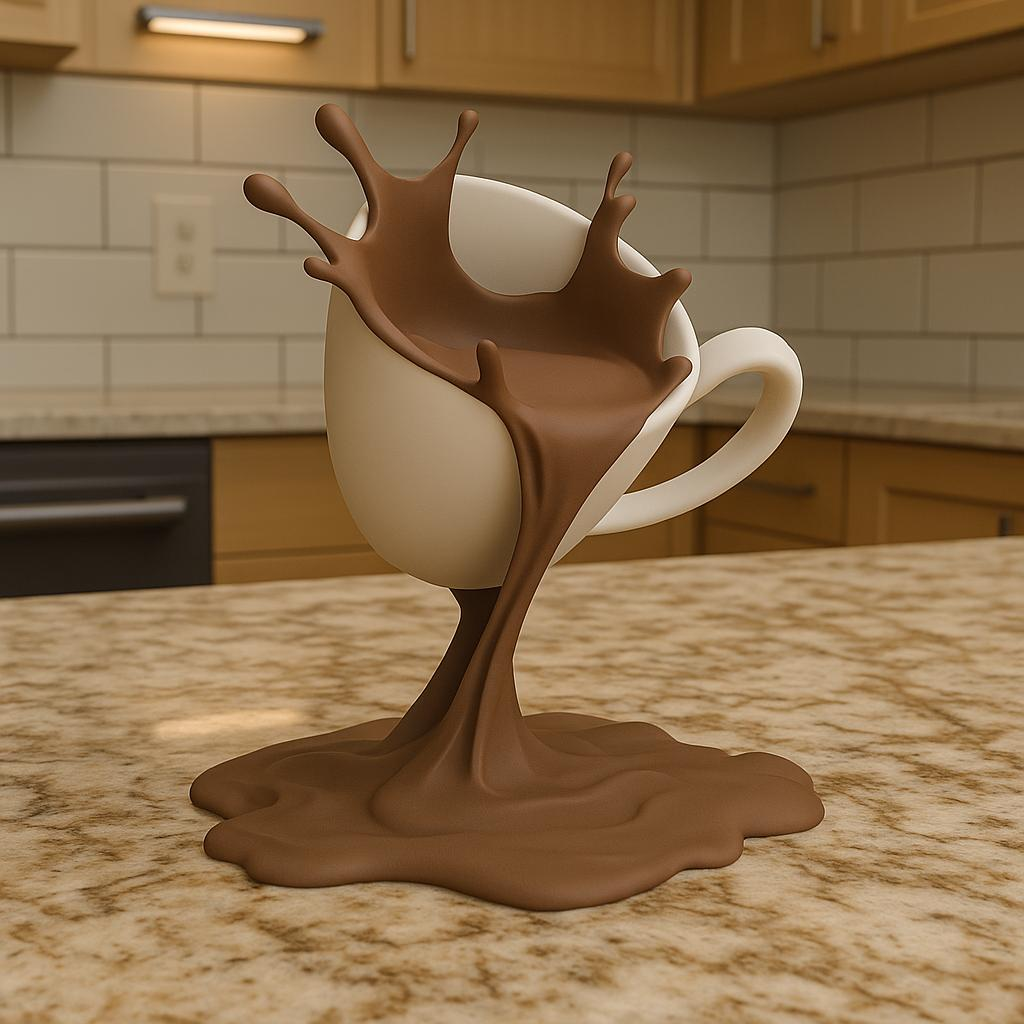 Floating Spilling Coffee Cup Sculpture – Splash Edition 3D Printed Decor