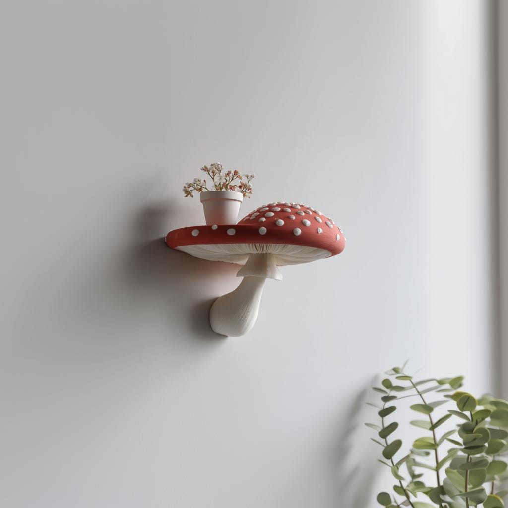 3D Printed Mushroom Wall Shelf – Whimsical Toadstool Floating Shelf for Small Decor