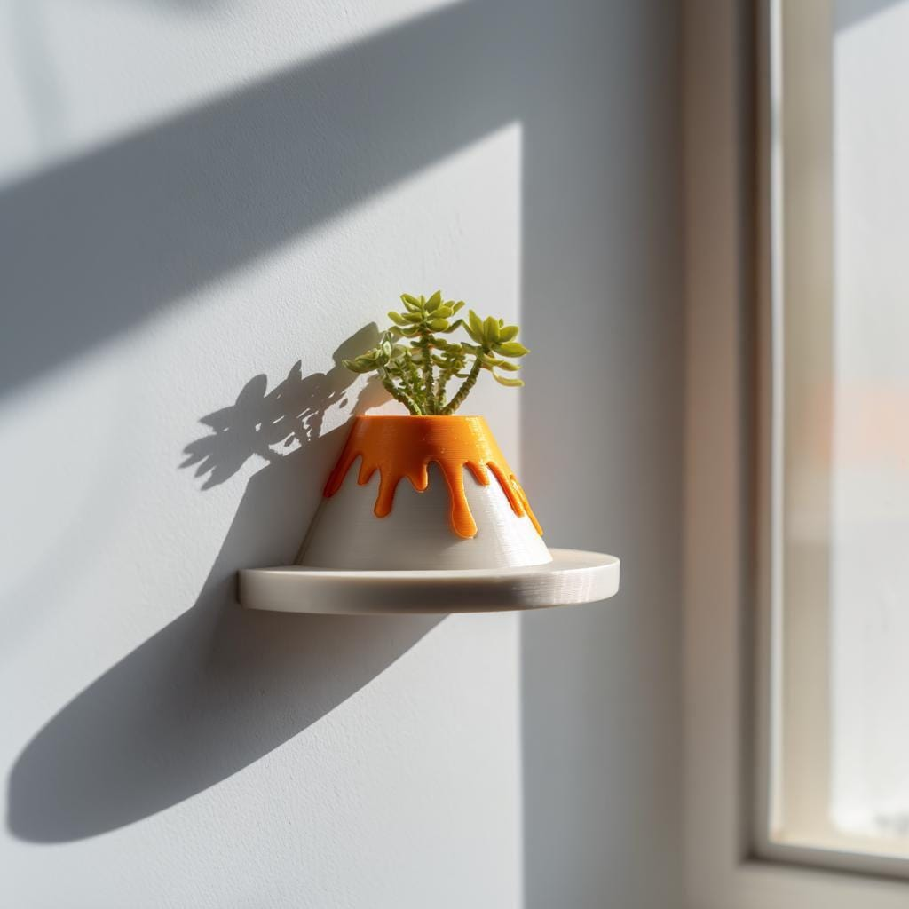 Volcano Peel and Stick Wall Shelf Planter – 3D Printed Decorative Floating Ledge