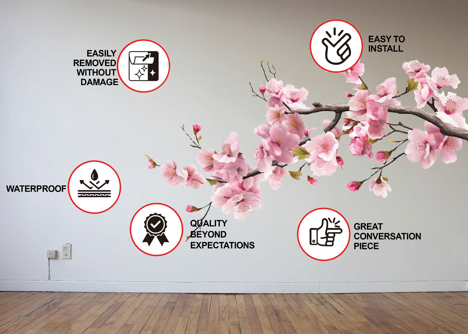 Pink Cherry Blossom Tree Branch Wall Decal – Vinyl Corner Wall Sticker for Nursery and Bedroom Decor