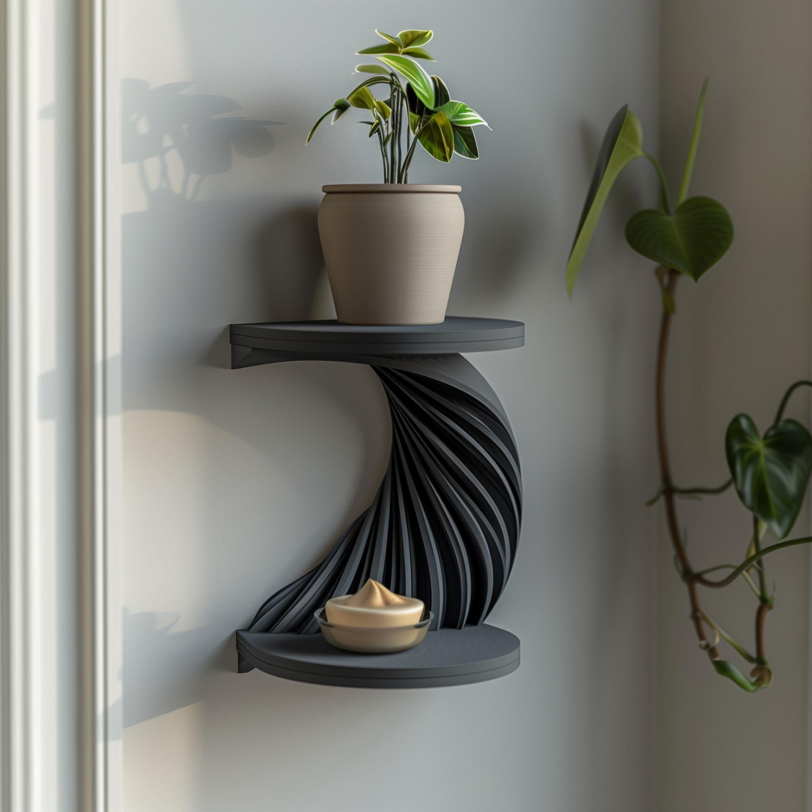 3D Printed Spiral Wall Shelf | Modern Double Tier Floating Corner Display | Sculptural Minimalist Decor Accent for Contemporary Interiors
