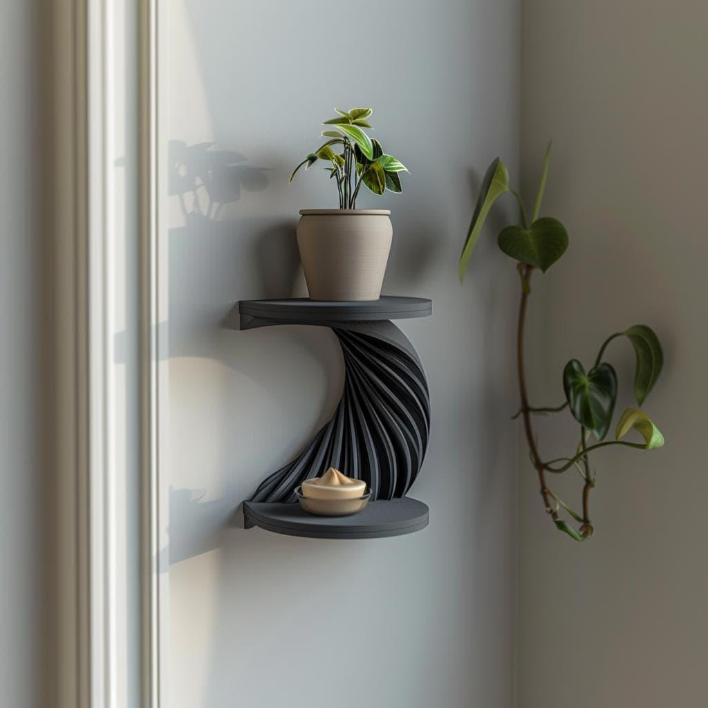 3D Printed Spiral Double Tier Wall Shelf – Modern S-Shaped Floating Corner Shelf for Sculptural Home Decor Display