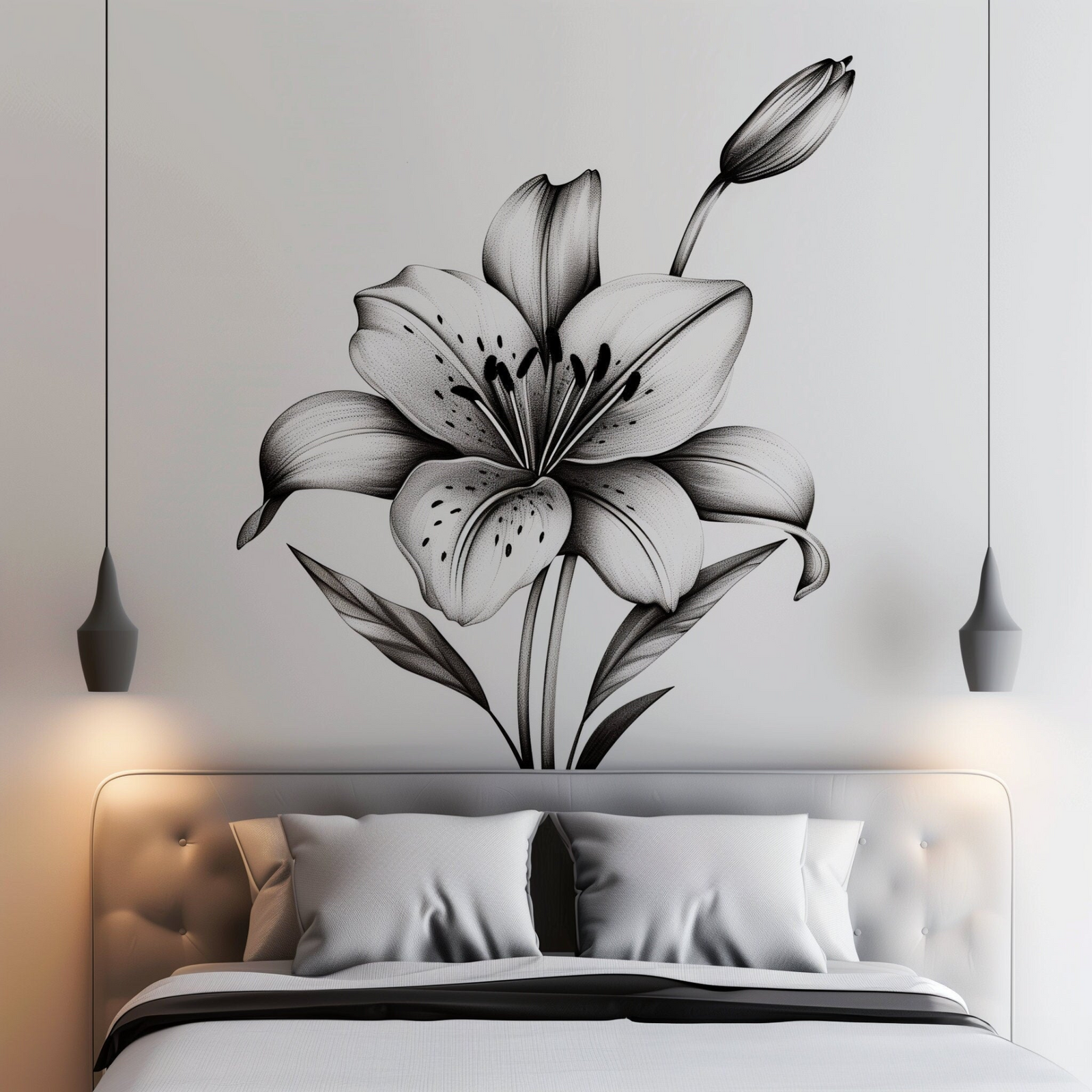 Monochrome Lily Flower Wall Decal – Peel and Stick Botanical Wall Art for Modern Home Decor
