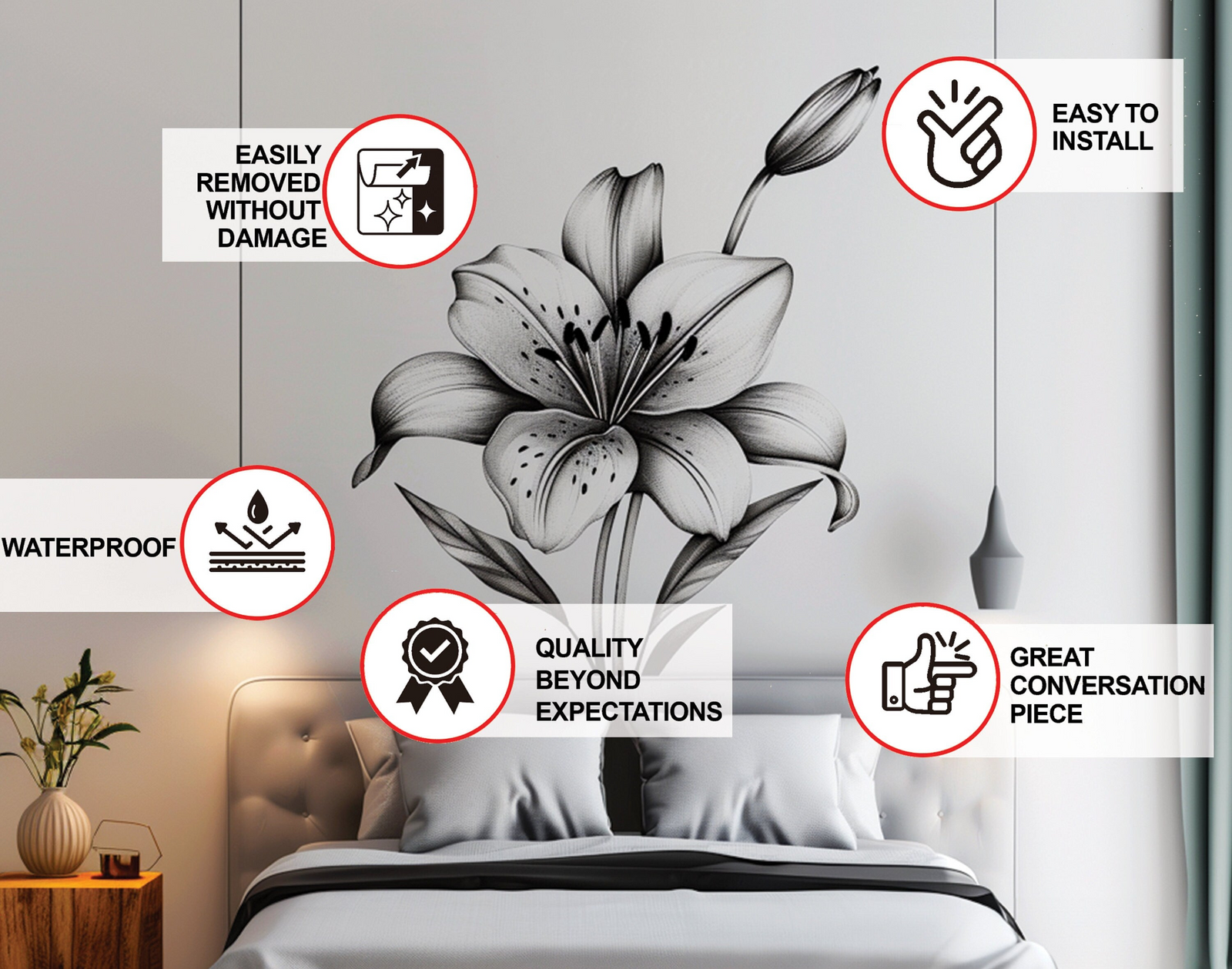 Monochrome Lily Flower Wall Decal – Peel and Stick Botanical Wall Art for Modern Home Decor