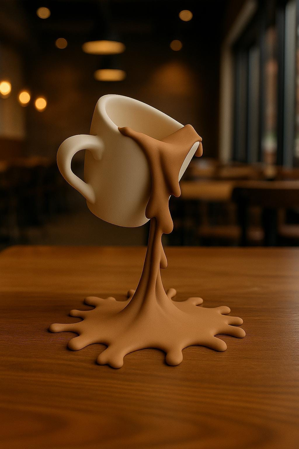3D Printed Floating Coffee Cup Sculpture – Spilled Coffee Illusion Decor for Kitchen & Coffee Bar