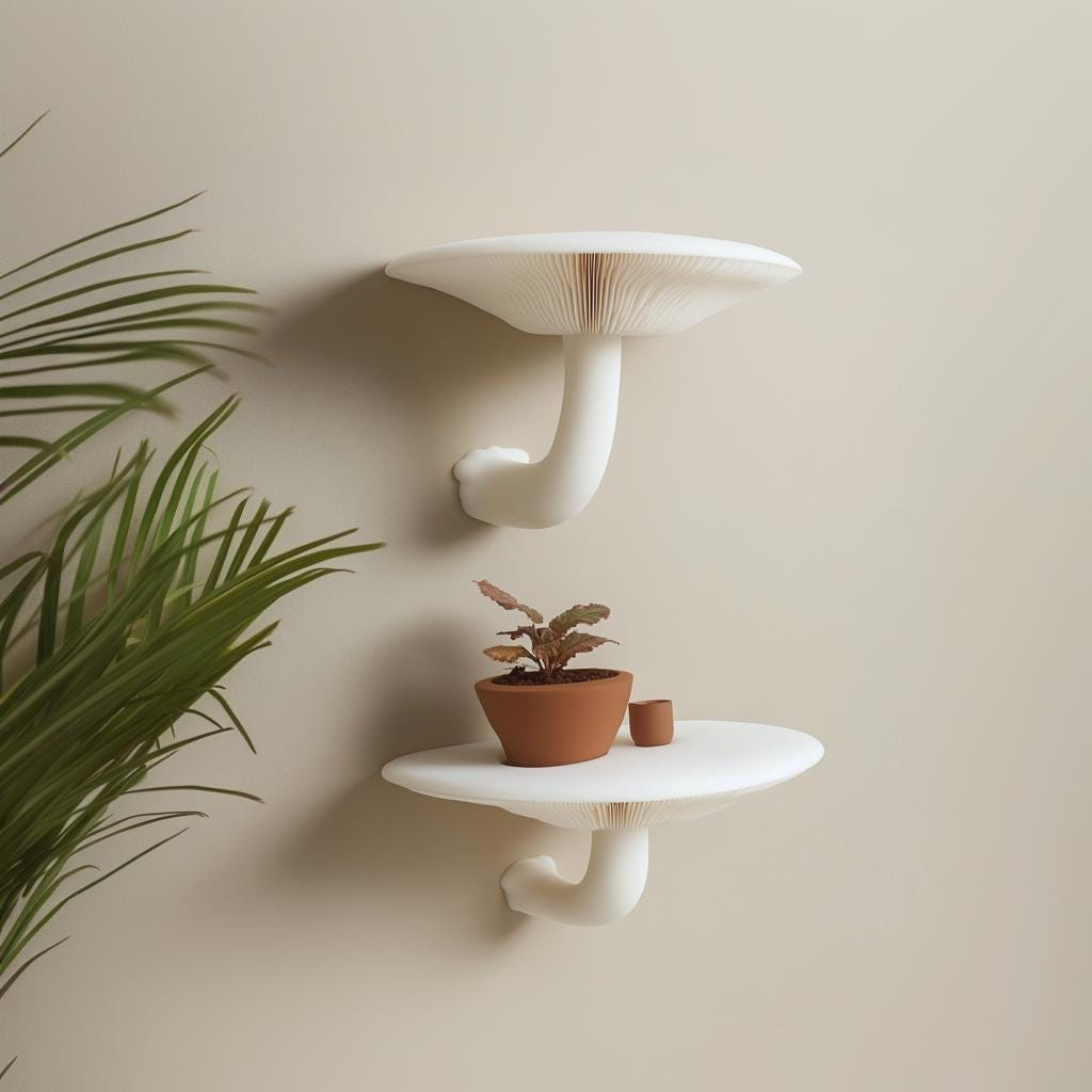 3D Printed Honey Mushroom Wall Shelf Set – Sculptural Floating Shelf Pair for Botanical Decor