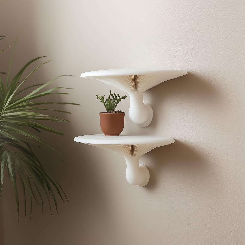 3D Printed Honey Mushroom Wall Shelf Set – Sculptural Floating Shelf Pair for Botanical Interiors
