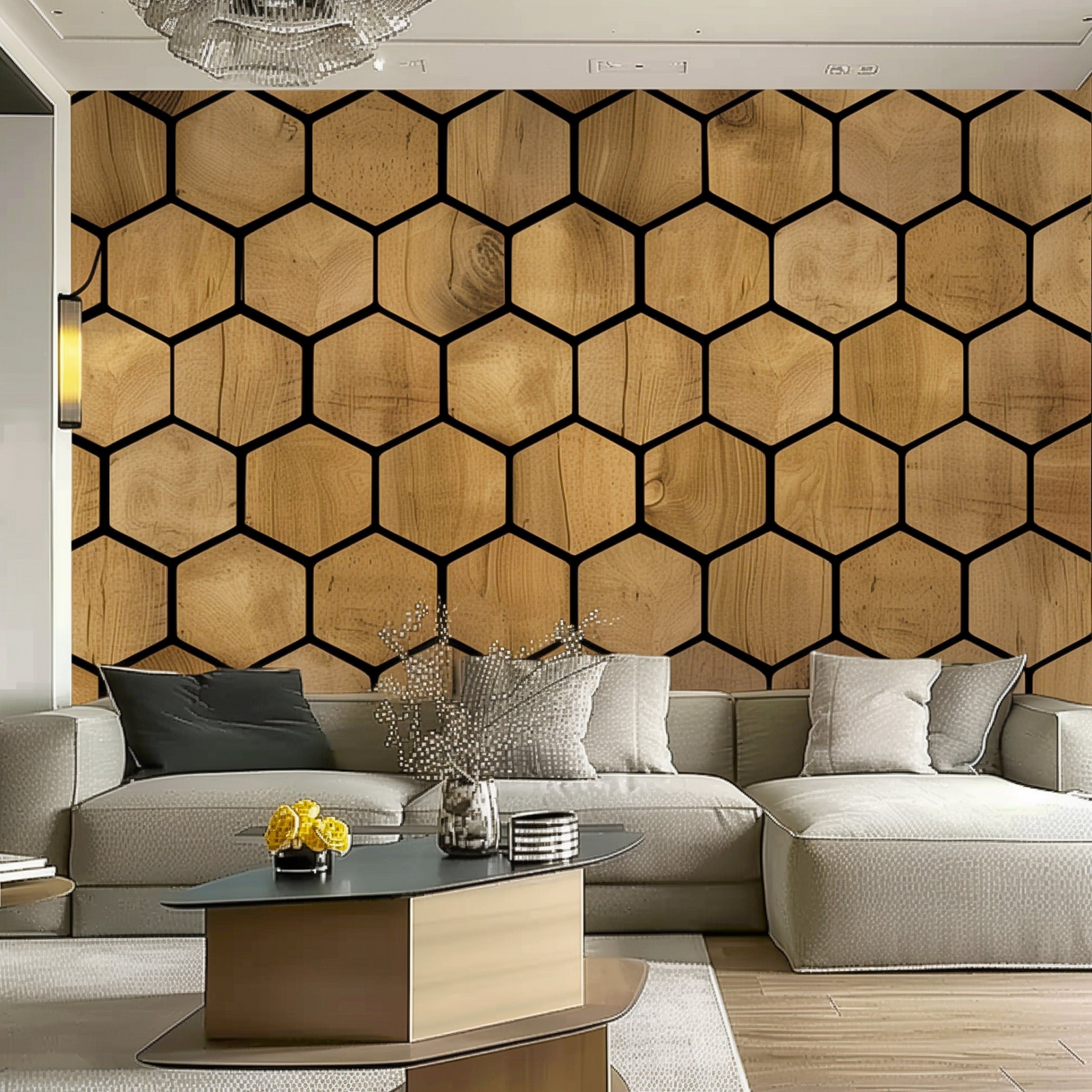 Hexagon Peel-and-Stick Wall Decals | Black & Wood Honeycomb Geometric Stickers for Modern Room Décor