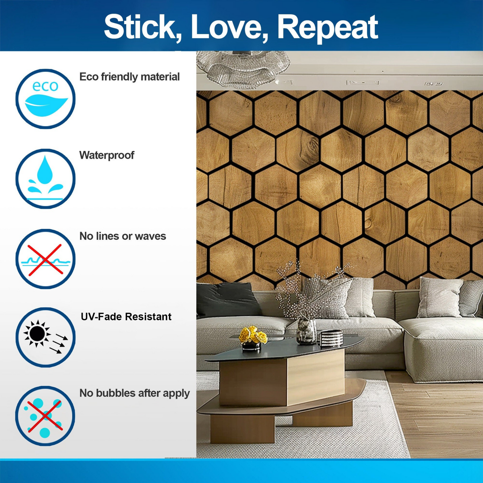 Hexagon Peel-and-Stick Wall Decals | Black & Wood Honeycomb Geometric Stickers for Modern Room Décor