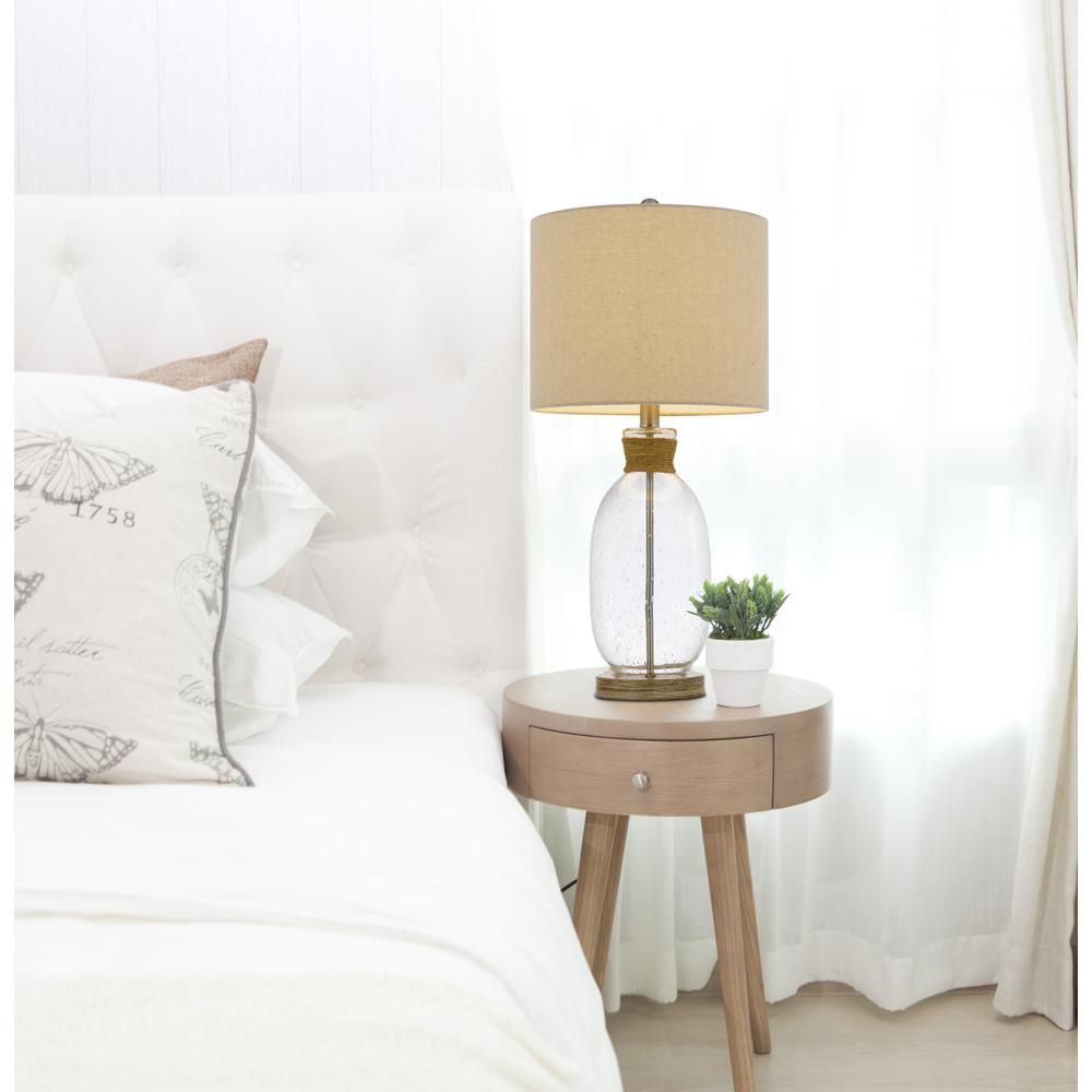 Seymour 150W 3-Way Bubbled Glass Table Lamp with Rope Accent and Burlap Drum Shade