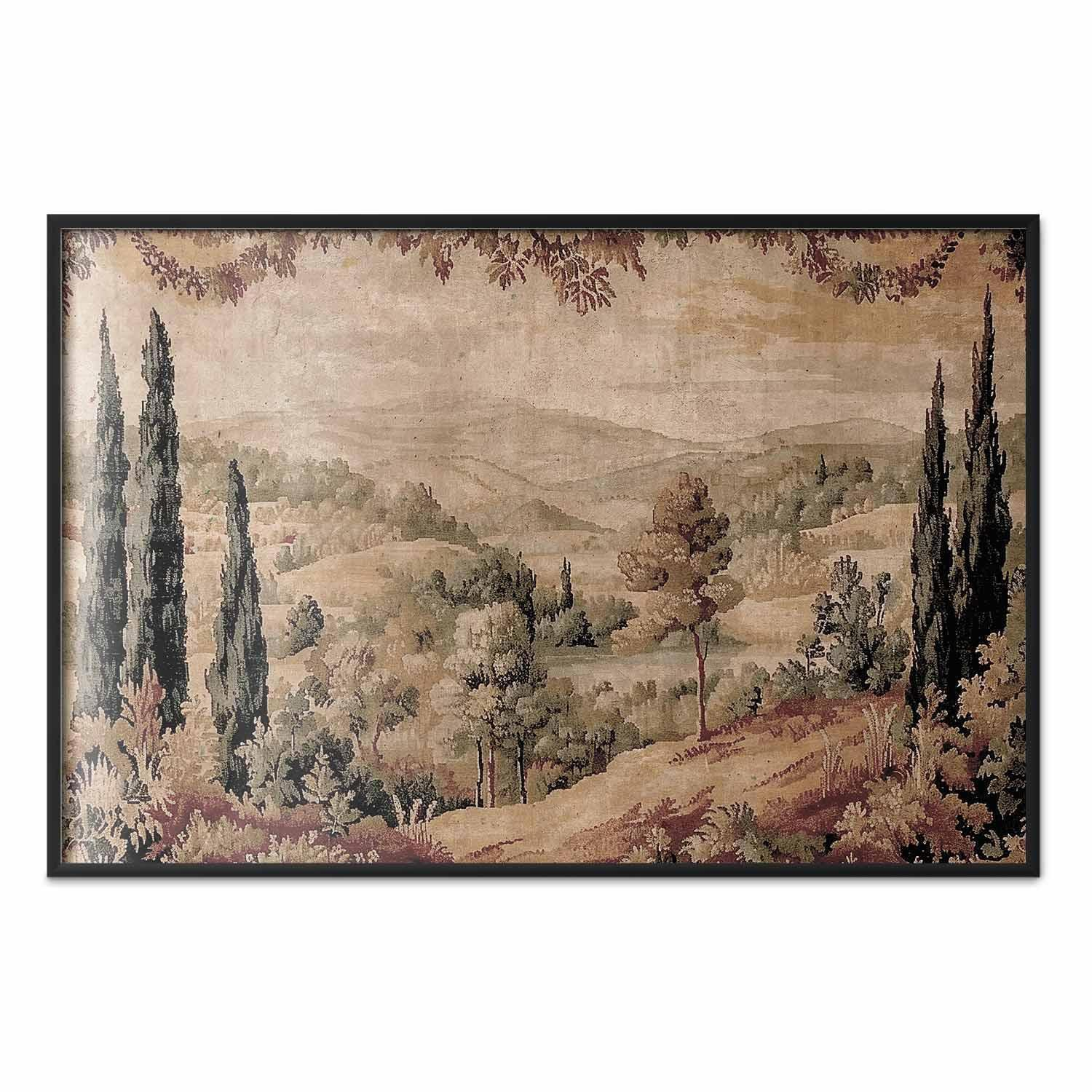 Poster - Mediterranean Landscape - Old Tapestry with a Hill and Lake