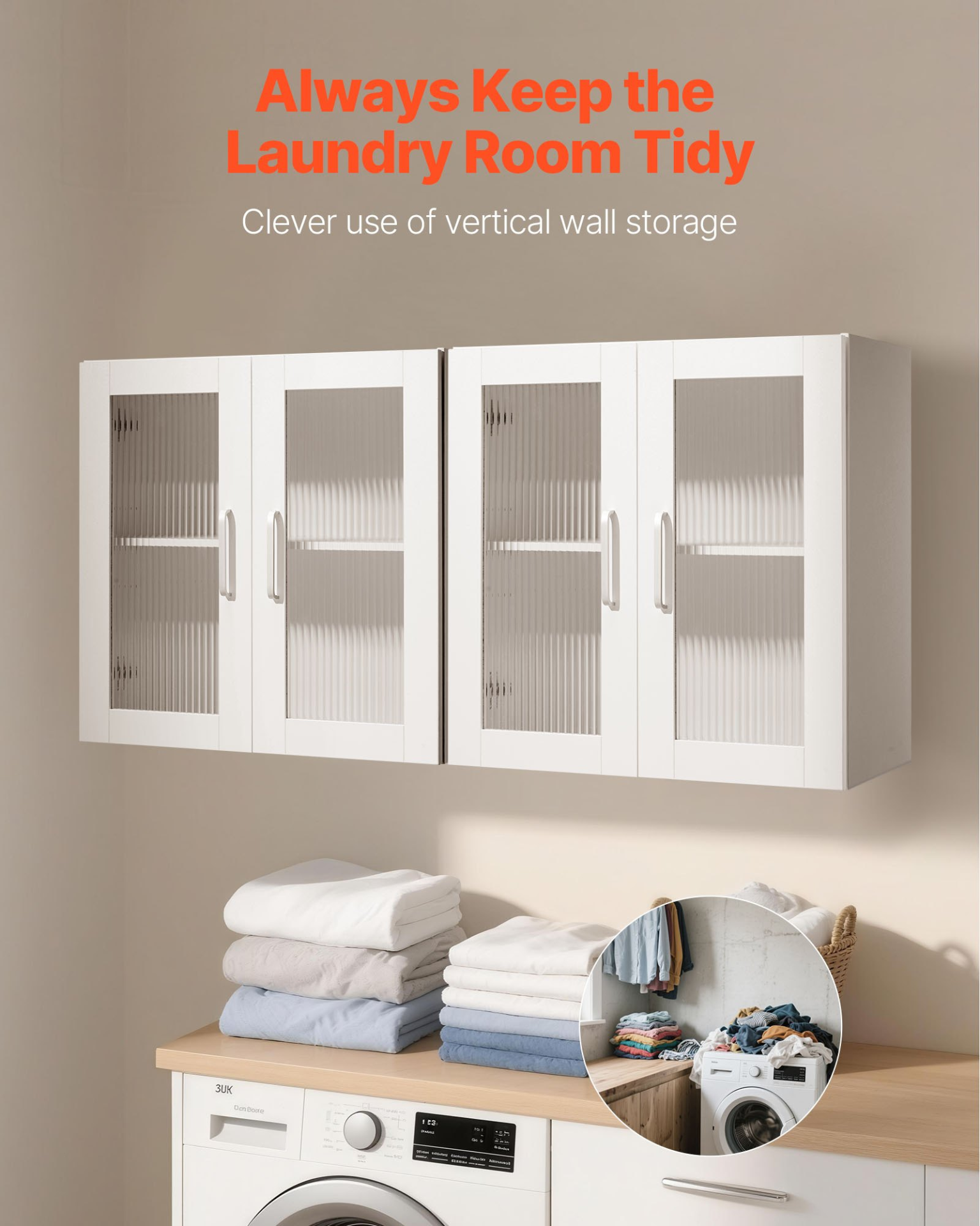 VEVOR Laundry Room Wall Cabinet, 2-Tier Wall Mounted Cabinet with Adjustable Shelf, Cupboard Storage with 4 Doors, for Kitchen, Bathroom, Laundry, Set of 2, Each 12 x 24 x 24 in (D x W x H), White