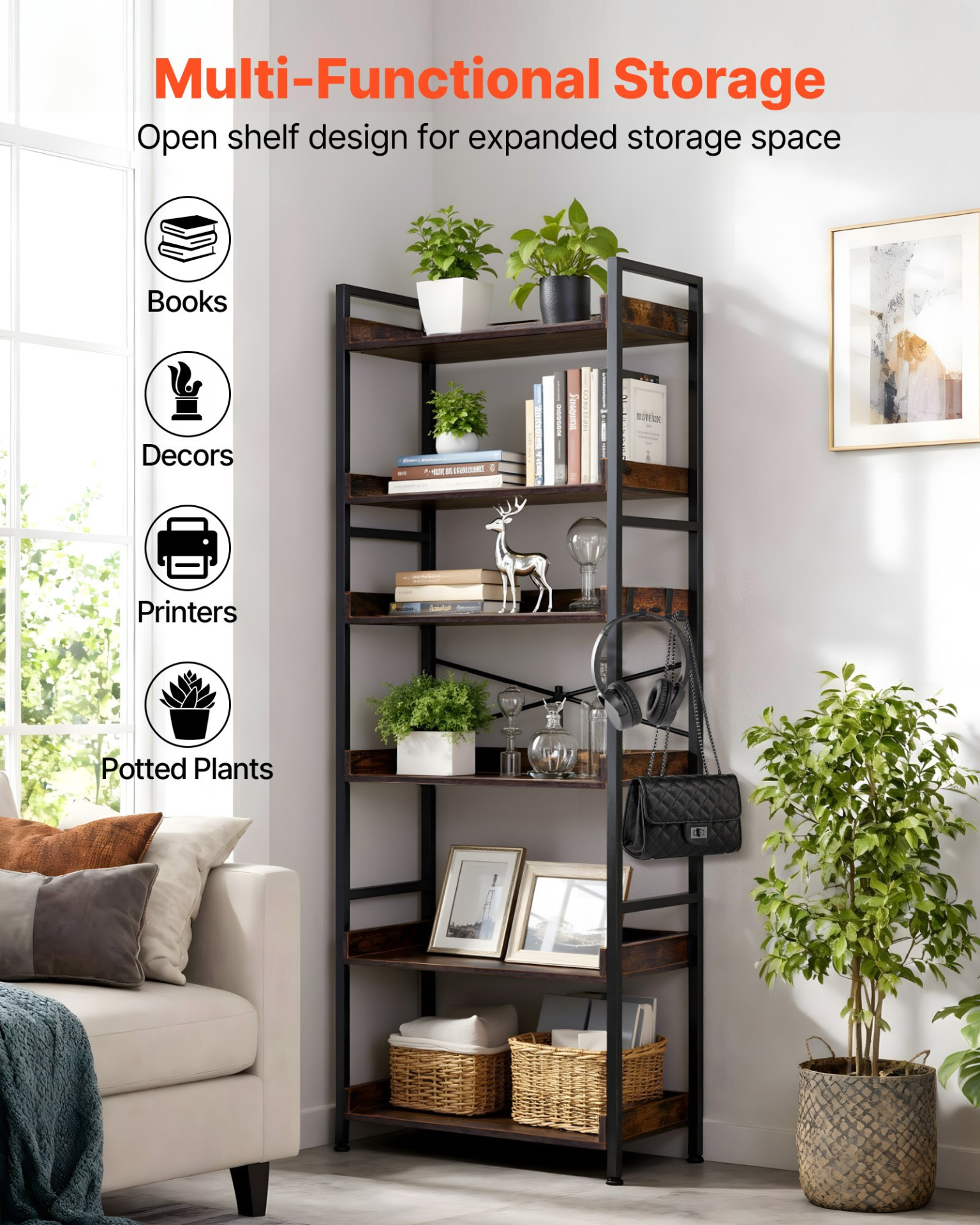 VEVOR Industrial Bookshelf, 6-Tier, Vintage Ladder Shelf Bookshelves and Bookcases, with Metal Frame, Book Organizer with Open Shelves, for Living Room, Bedroom, Kitchen, Home Office, Rustics Brown