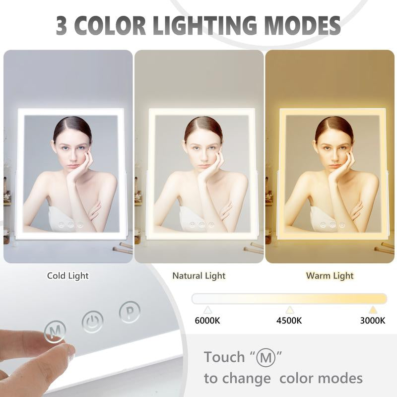 Vanity Mirror with Lights,10x12 Lighted Makeup Mirror with 3 Color Modes, 360° Rotation Makeup Mirror with Lights, Dual Power Supply, Portable Desk Mirror, Smart Touch Control (White)