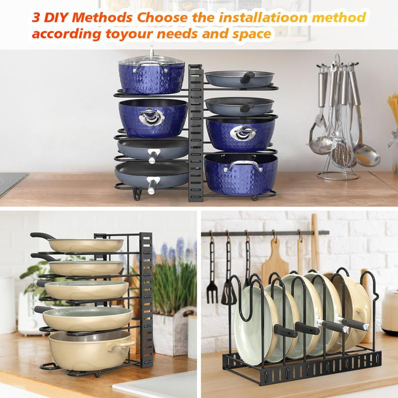 8-Tier Adjustable Pots and Pans Organizer Rack for Cabinets – Metal Kitchen Storage, Cookware and Lid Holder, Stackable Dish Rack for Kitchen Organization