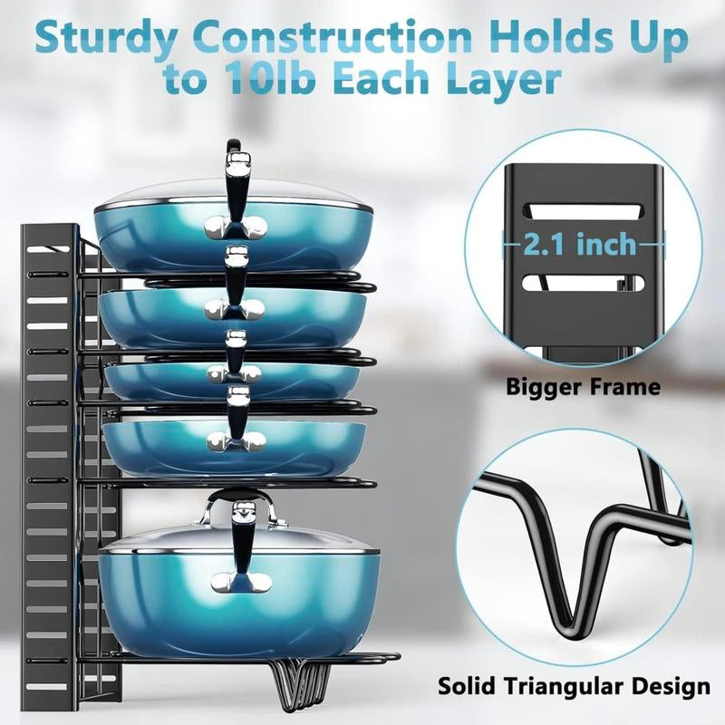 Upgraded 8-Tier Pots and Pans Organizer Rack for Kitchen Cabinets – 3 DIY Assembly Methods, Large Pot and Lid Storage Rack, Kitchen Cookware Organizer (Black)